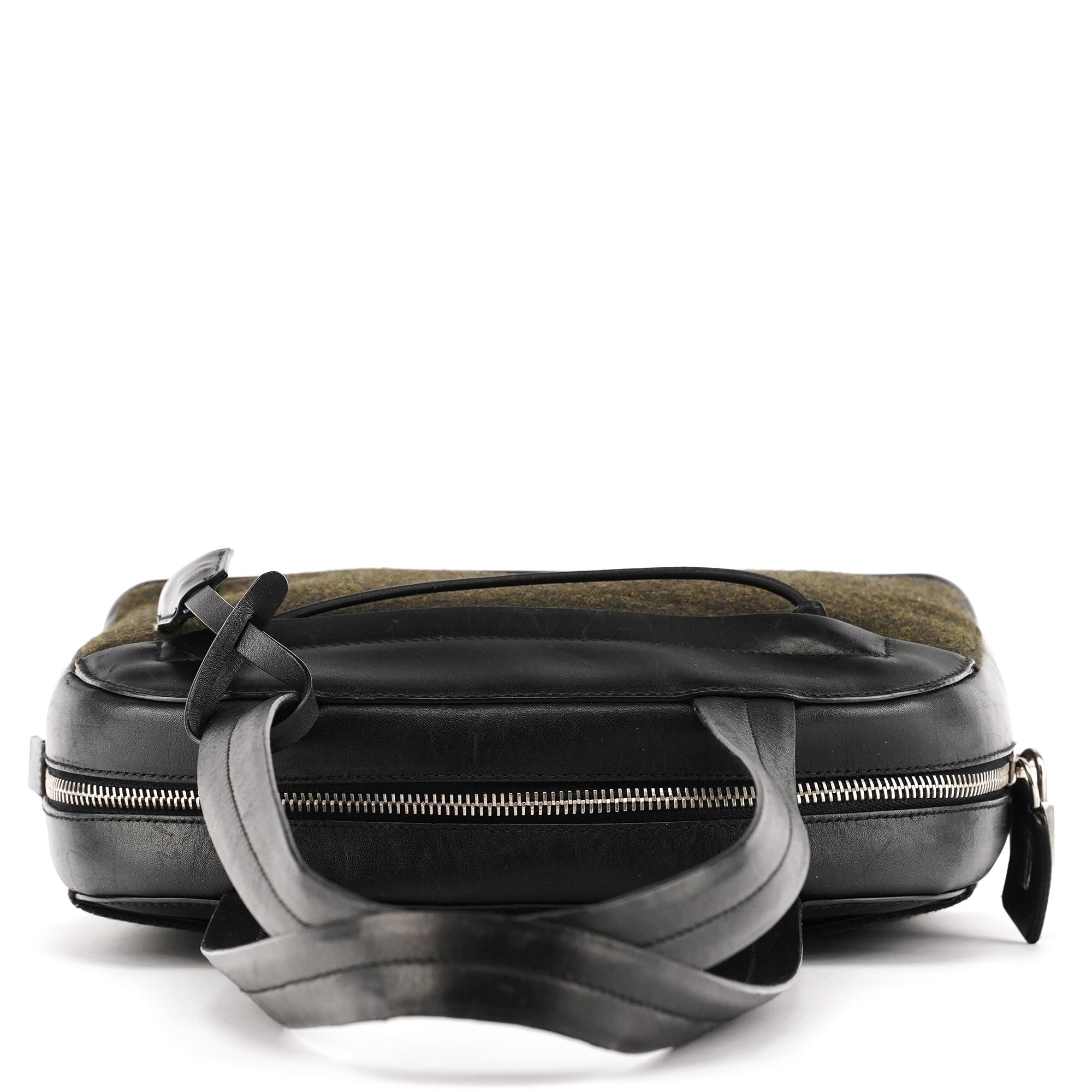 Prada 1999 Black Dark Green Wool Leather Bowling Bag