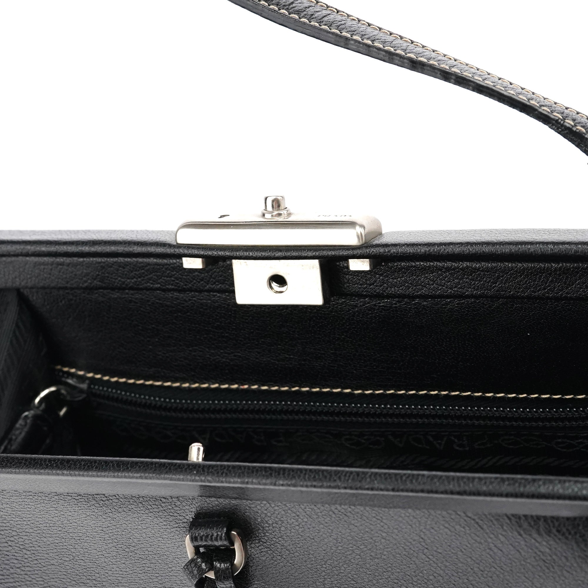 Prada 2000 Black Leather Keylock Clutch Top Handle Bag