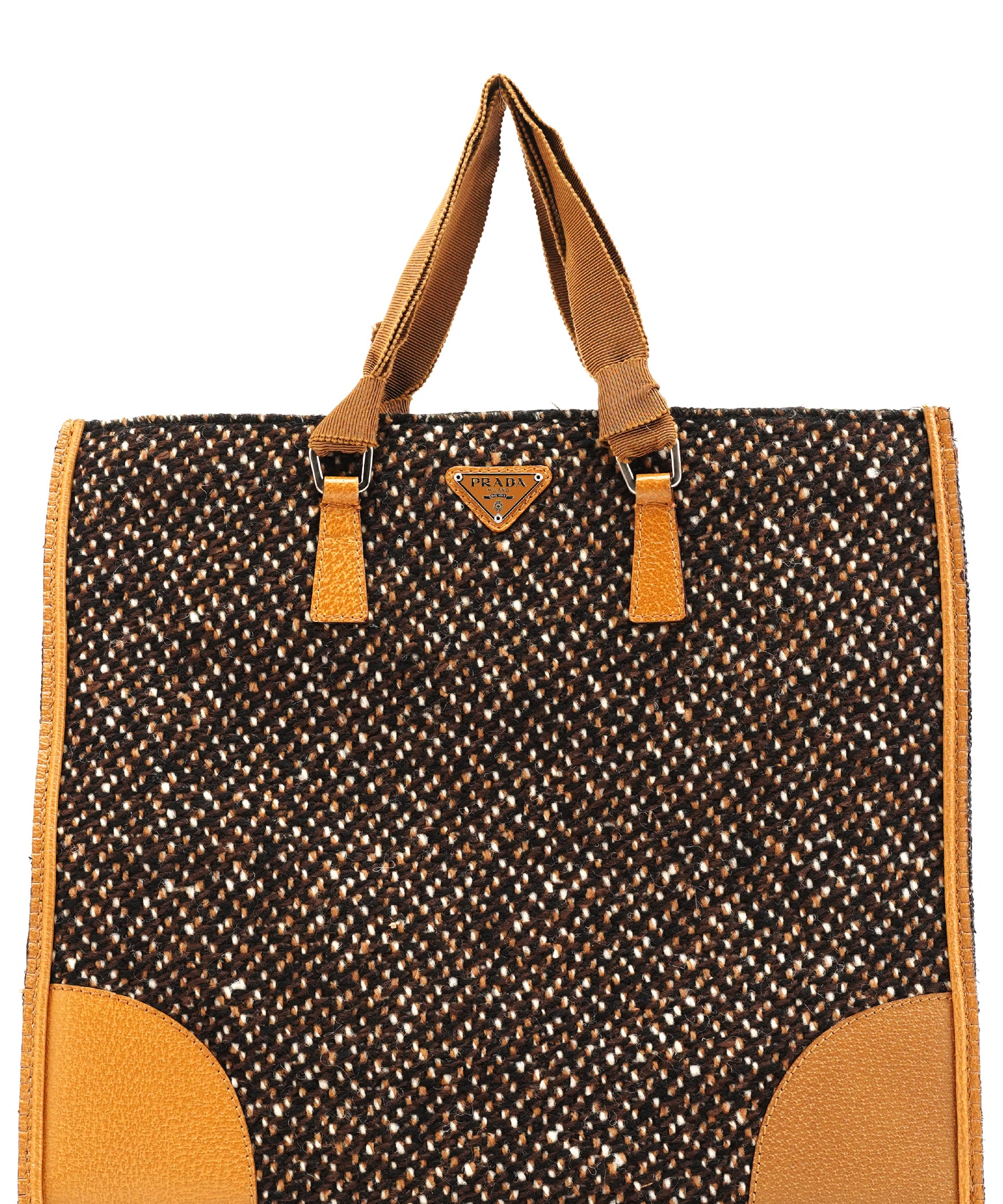 Prada B11266 Brown Tweed Leather Tote Bag