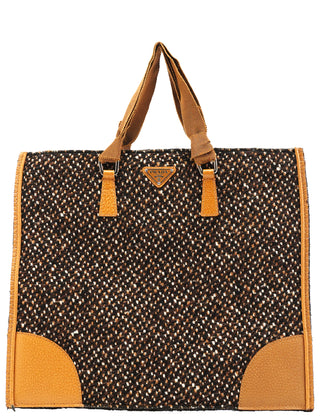 Prada B11266 Brown Tweed Leather Tote Bag