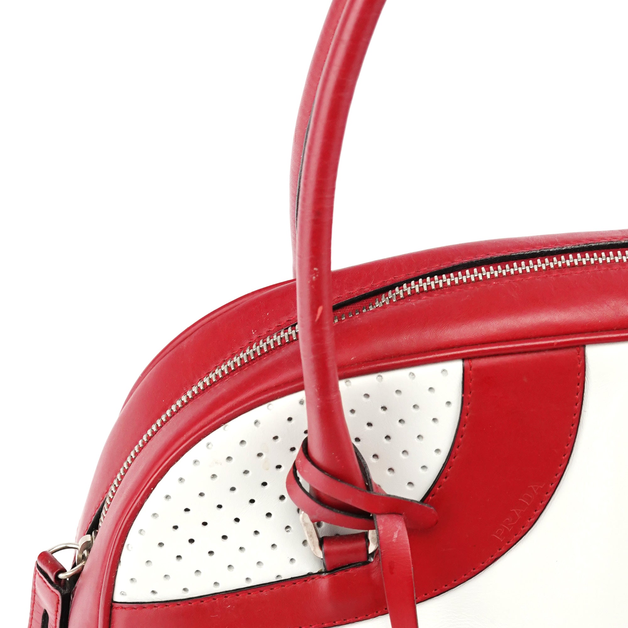 Prada B11334 Sac bowling en cuir perforé blanc et rouge