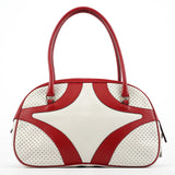 Prada B11334 Sac bowling en cuir perforé blanc et rouge
