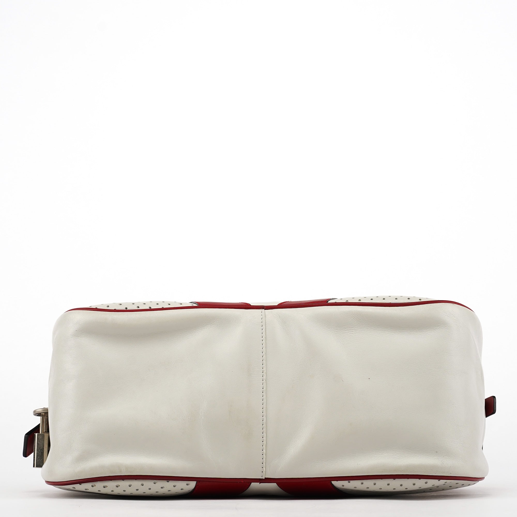 Prada B11334 Sac bowling en cuir perforé blanc et rouge