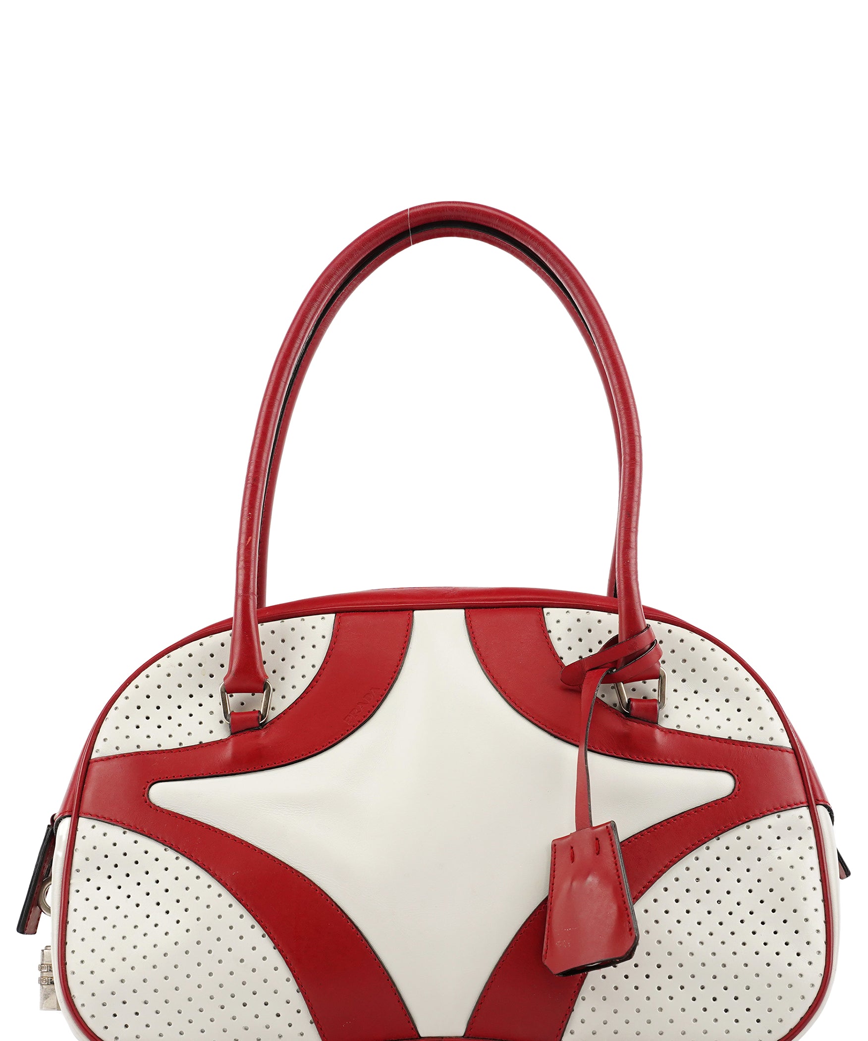 Prada B11334 White Red Perforated Leather Bowling Bag