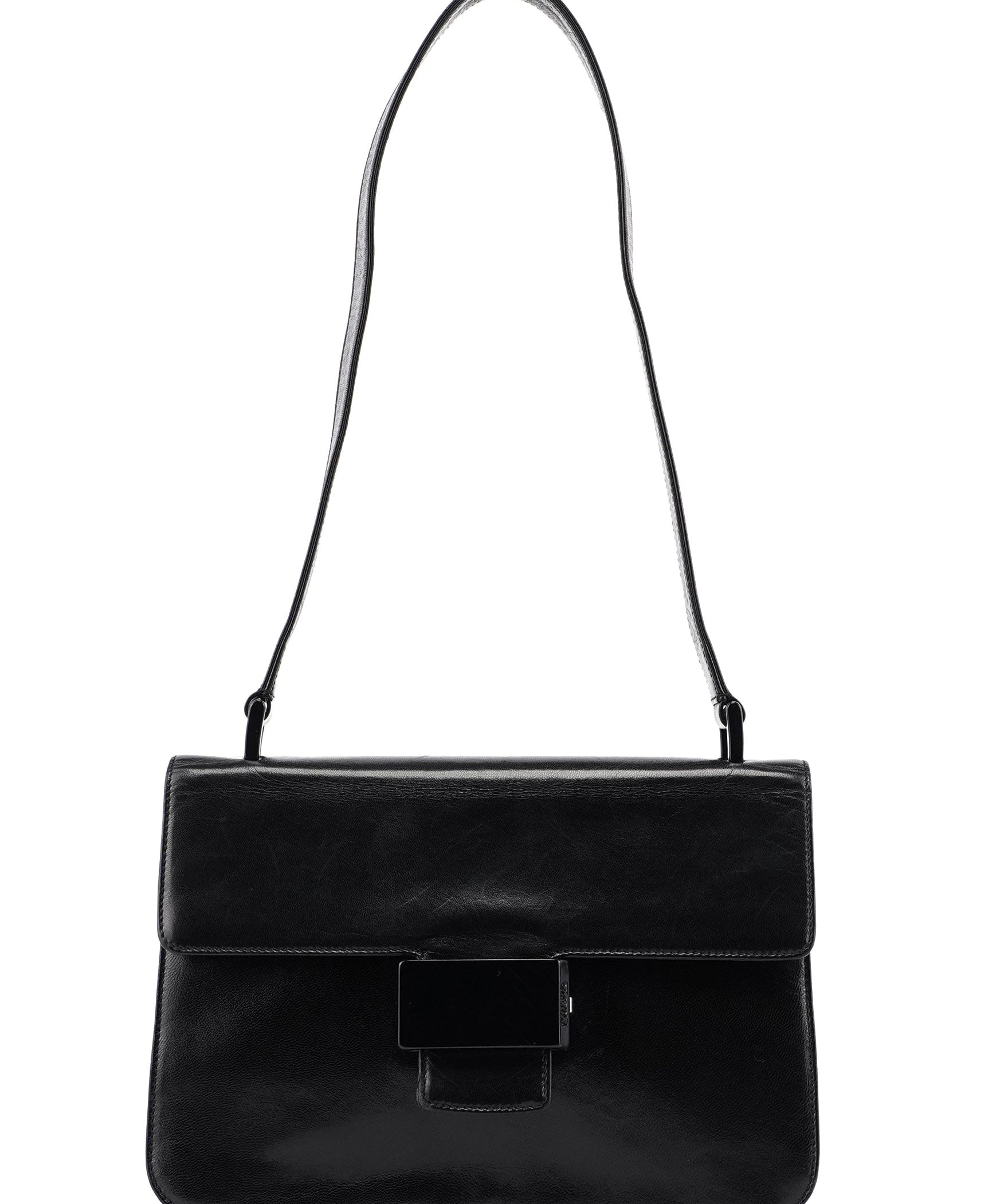 Prada B7020 Black Madras Calfskin Shoulder Bag