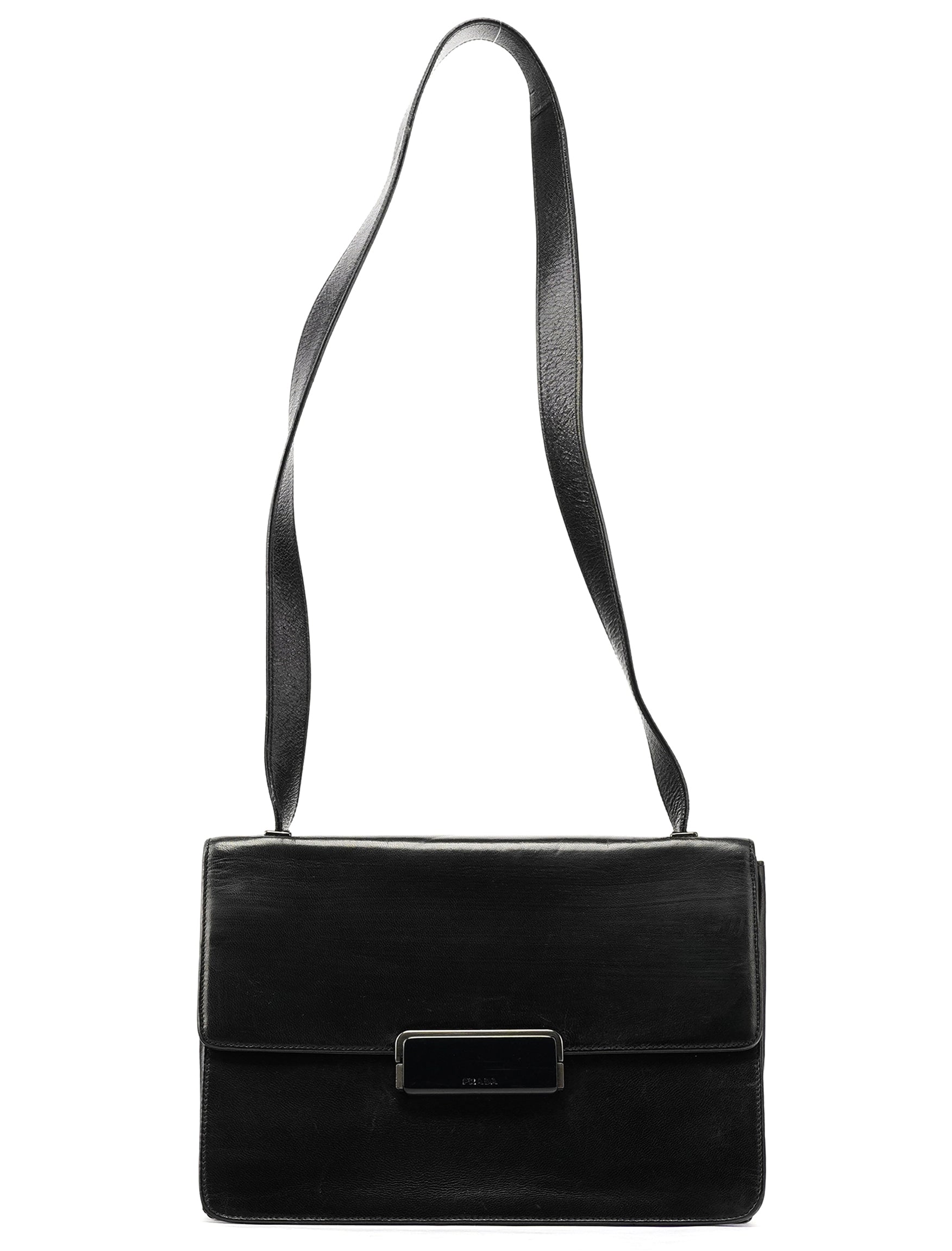 Prada B7417 skuldertaske i sort læder med klap