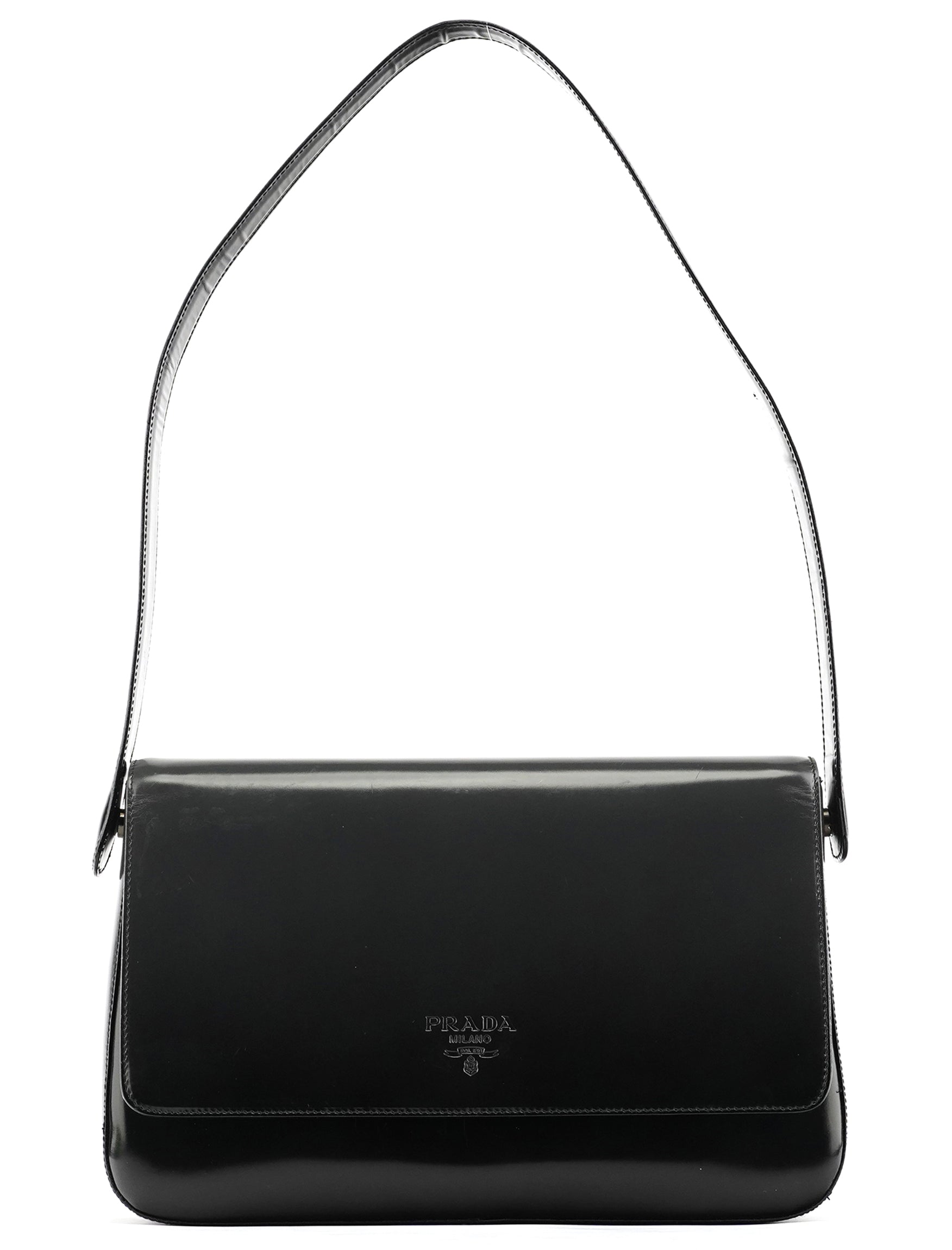Prada B7443 Sac porté épaule Spazzolato Swivel en cuir verni noir