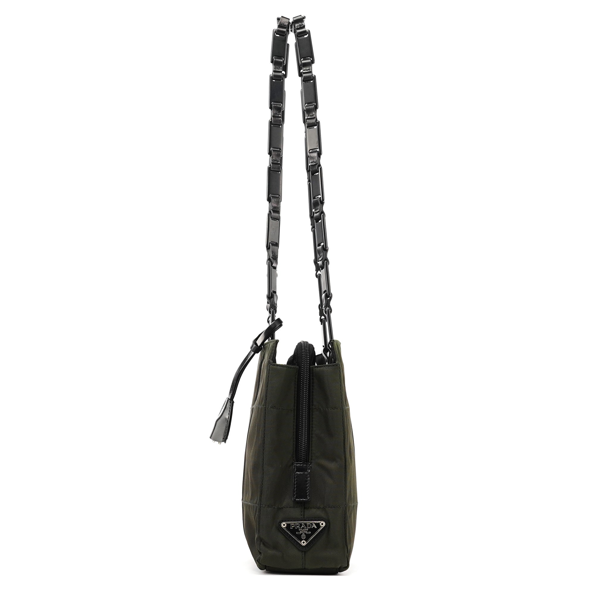 Prada B8353 Dark Green Tessuto Impuntu Chain Strap Tote Bag