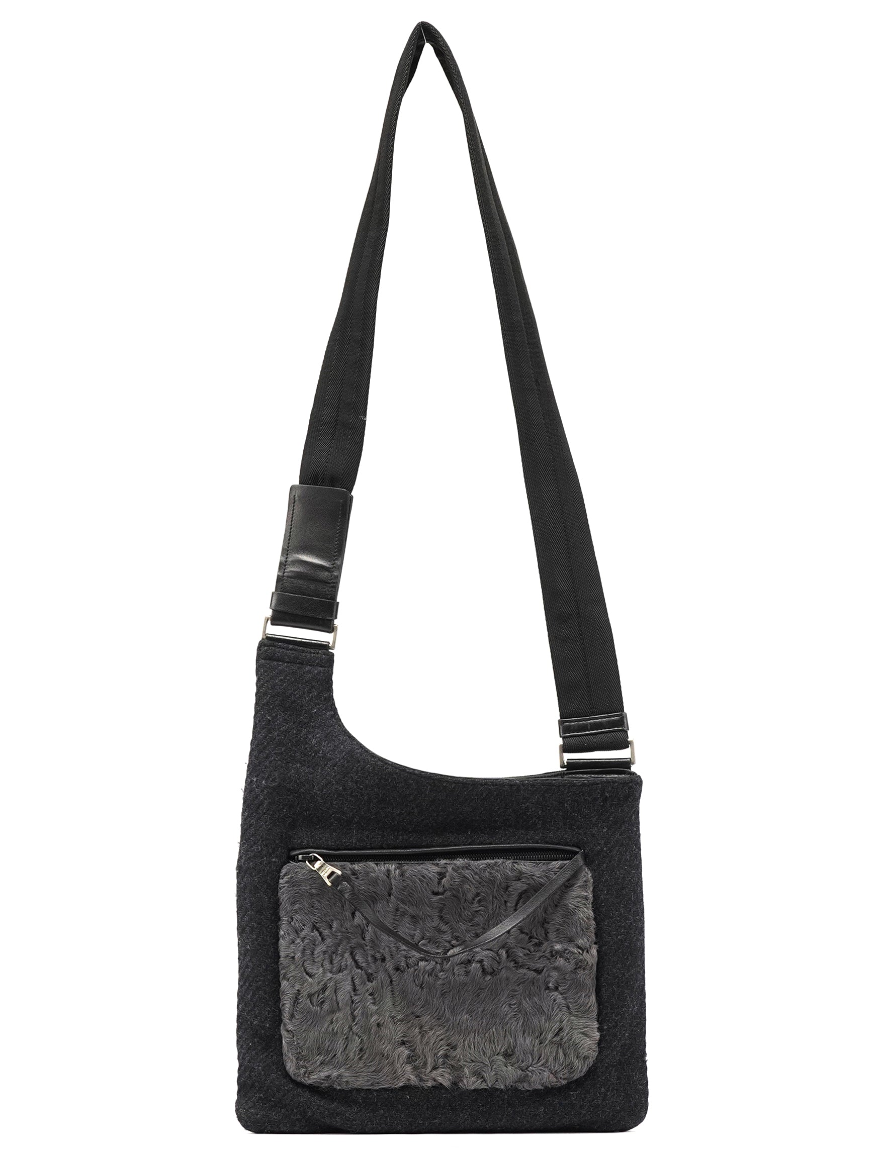 Prada B9479 Borsa a tracolla in lana Shetland antracite e astrakan