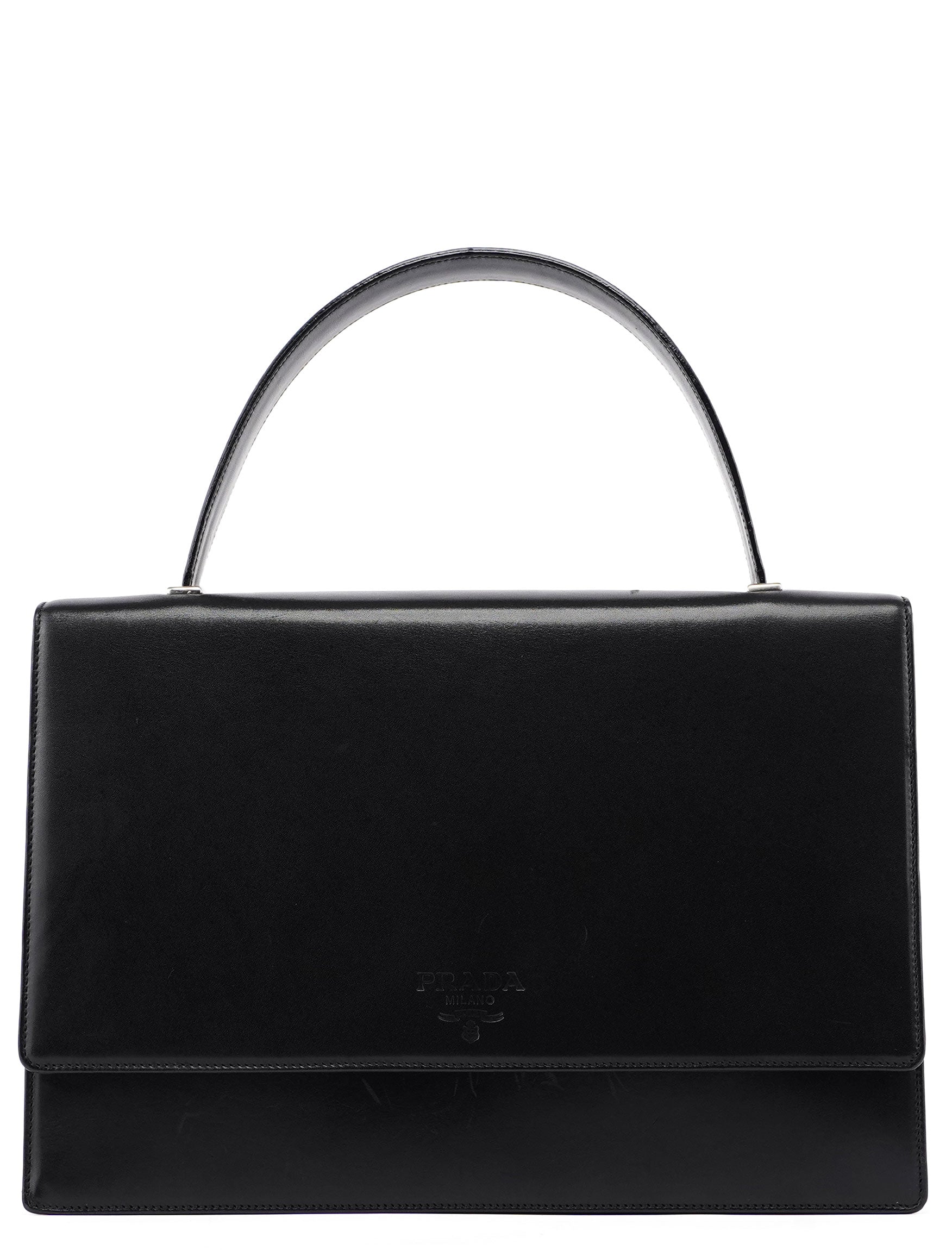 Prada Black Calfskin Flap Top Handle Bag