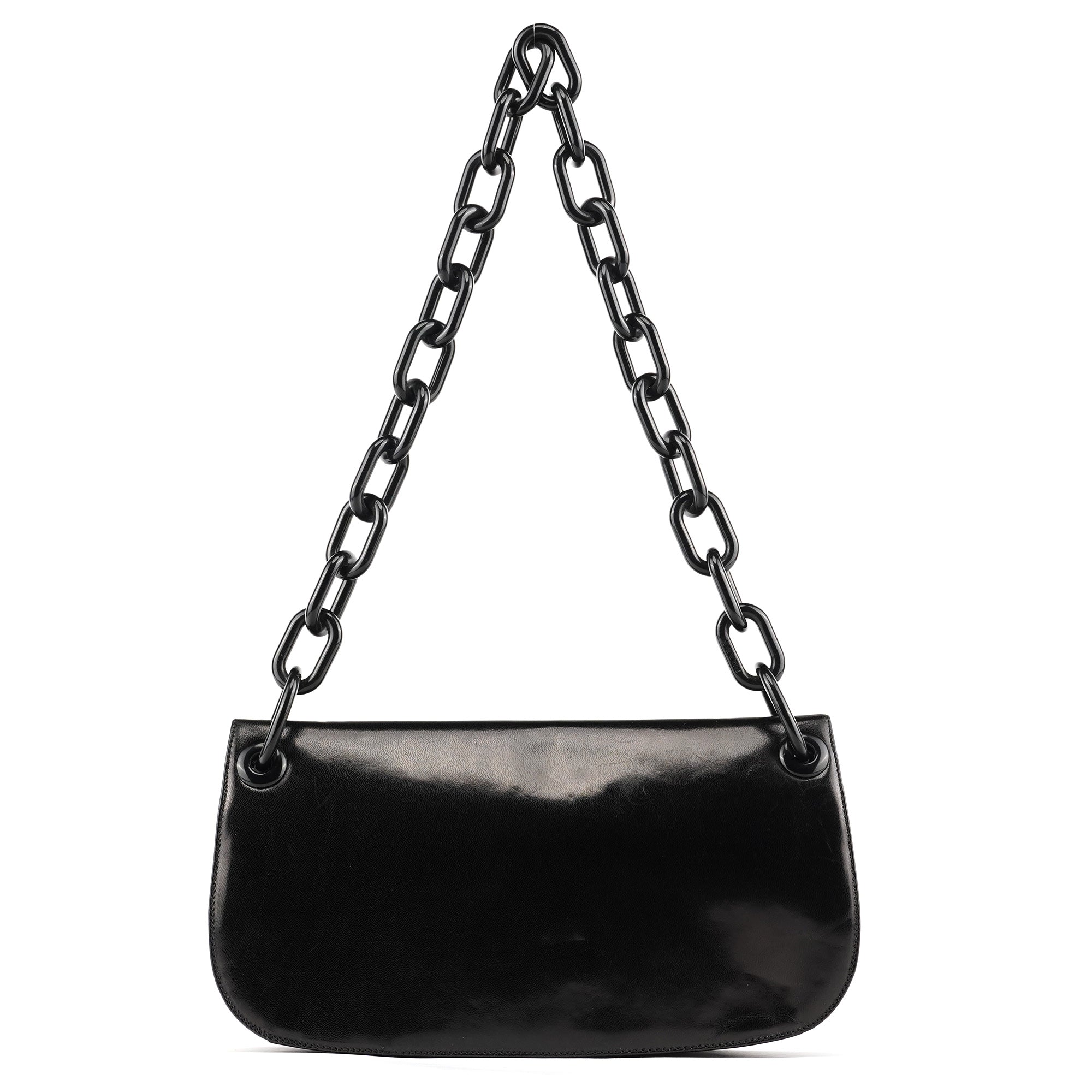 Prada Madras Swing Schultertasche aus schwarzem Kalbsleder mit Kette