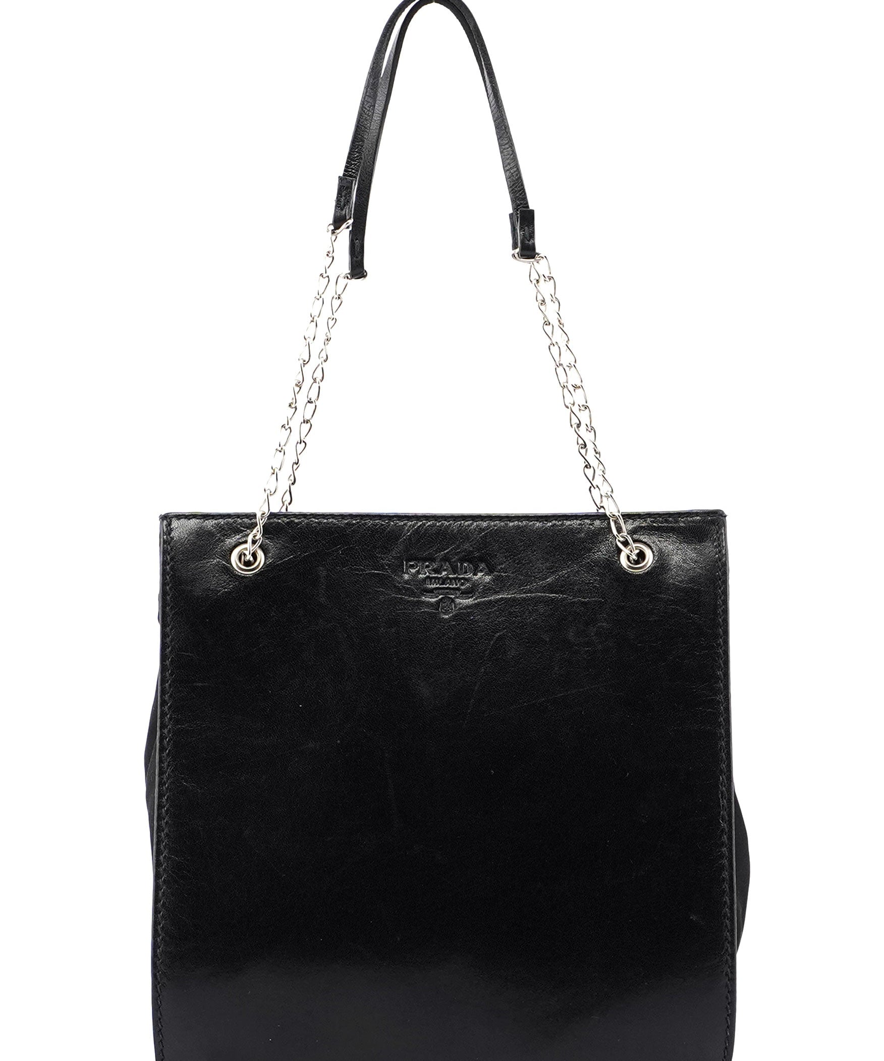 Prada Tote med kæde i sort kalveskind og nylon