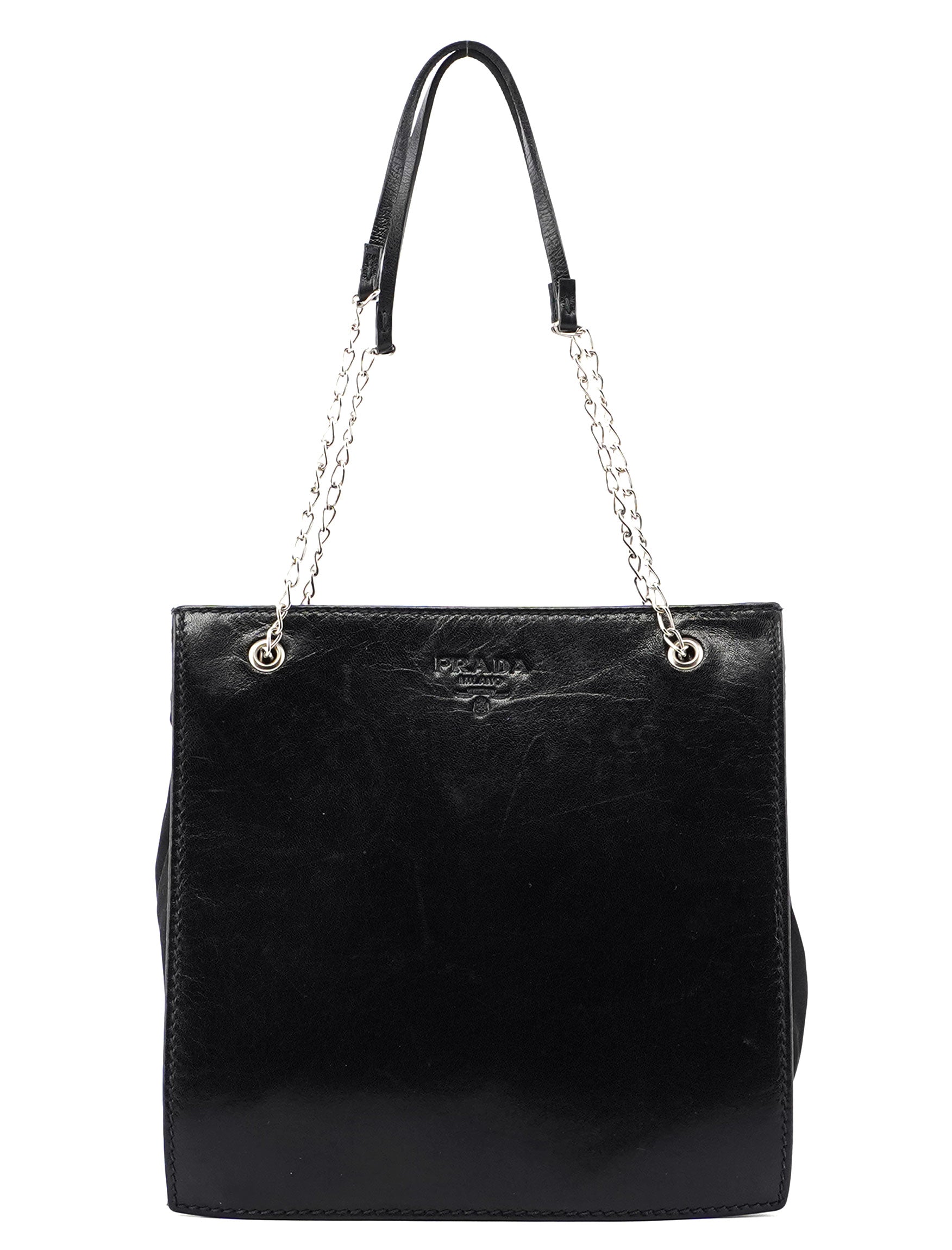 Prada Tote med kæde i sort kalveskind og nylon