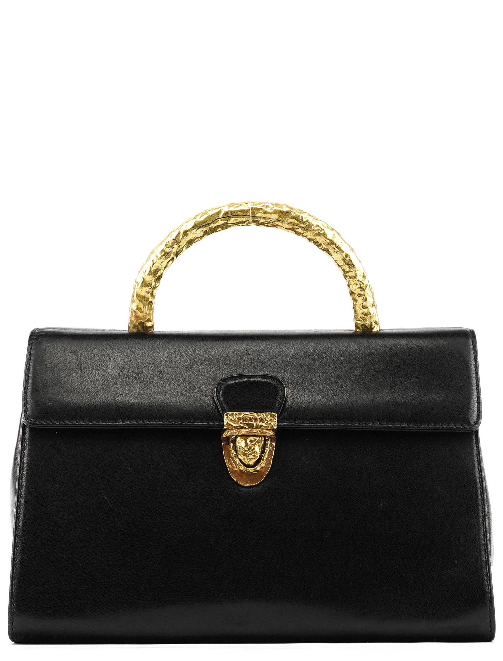 Prada Sac à poignée en cuir noir et métal doré