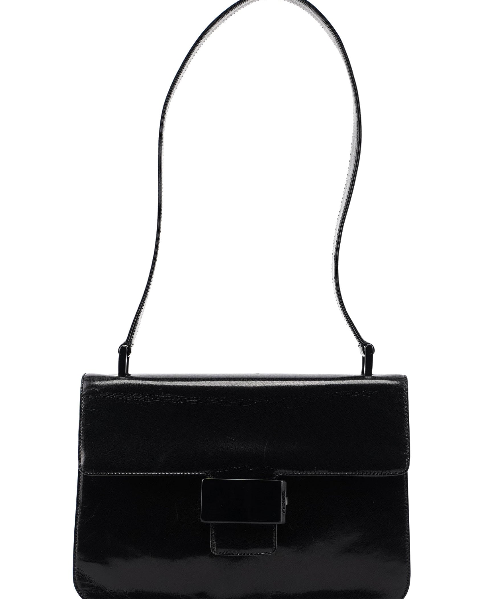 Prada Black Madras Calfskin Buckle Shoulder Bag