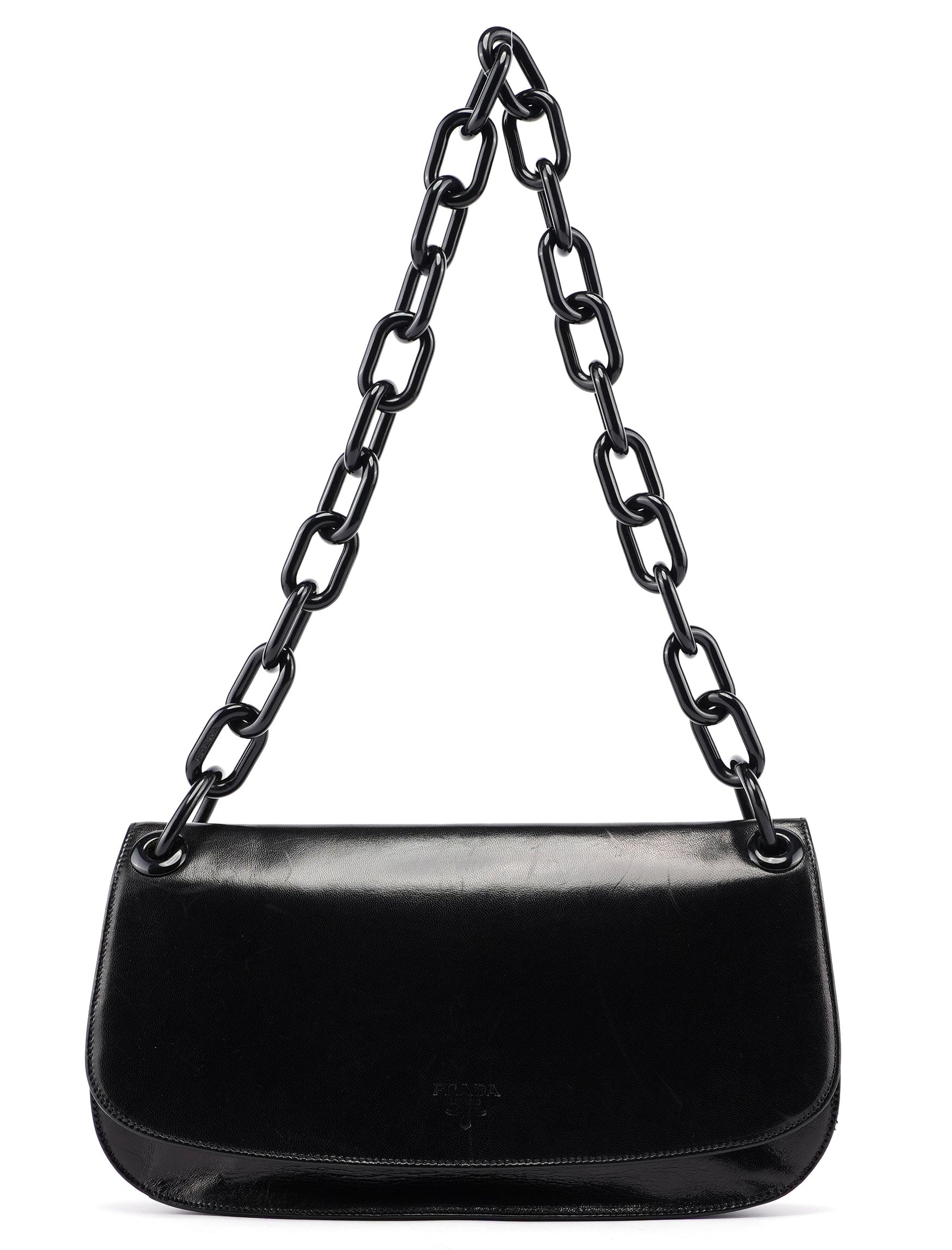 Prada Madras Swing Schultertasche mit Kette aus schwarzem Kalbsleder