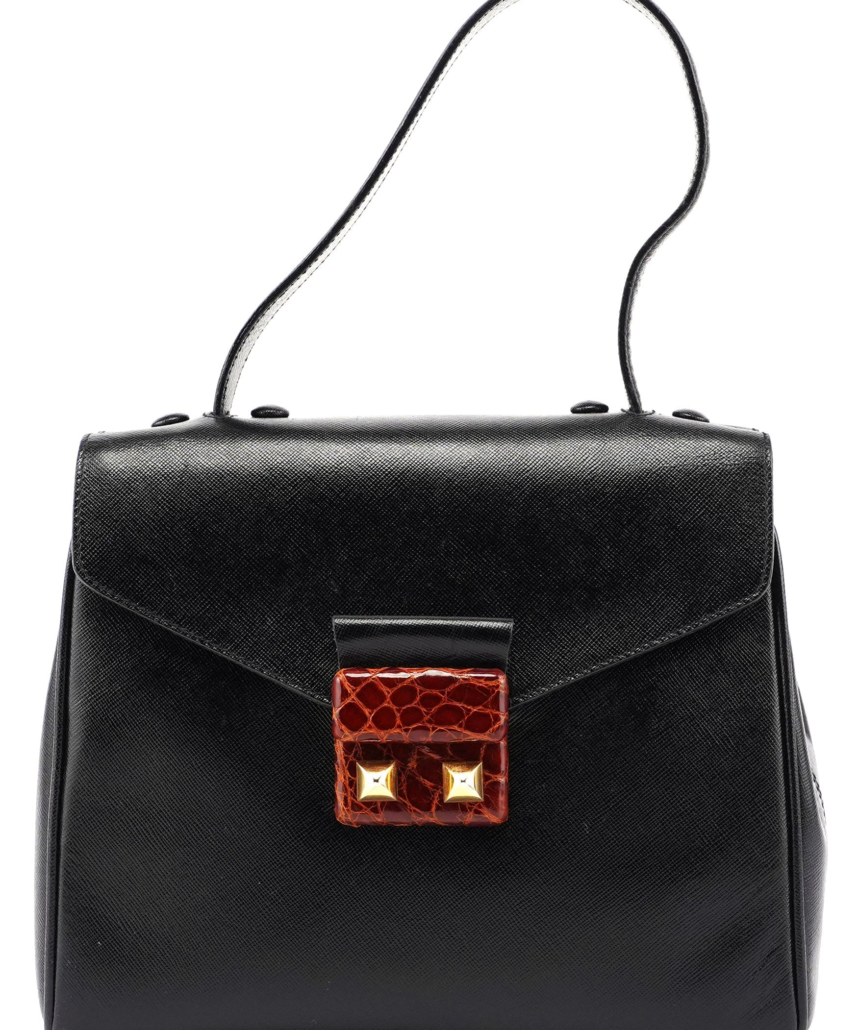 Prada Black Saffiano Croc Embossed Top Handle Bag