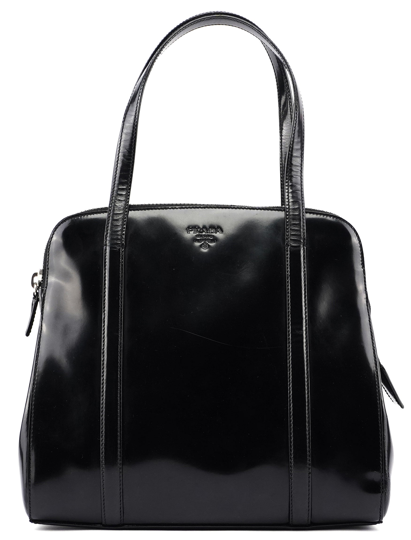 Prada Spazzolato Tote Bag aus schwarzem Lackleder