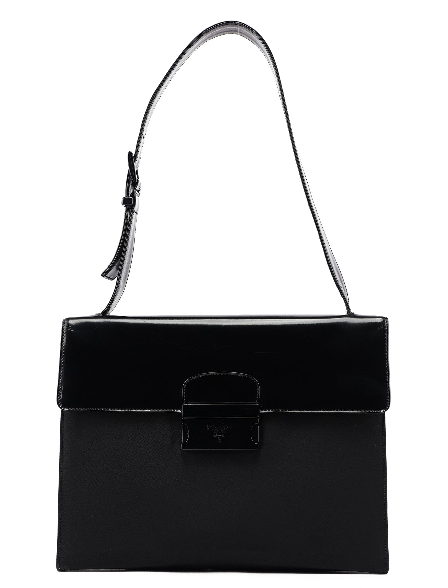 Prada Black Tessuto Spazzolato Buckle Shoulder Bag