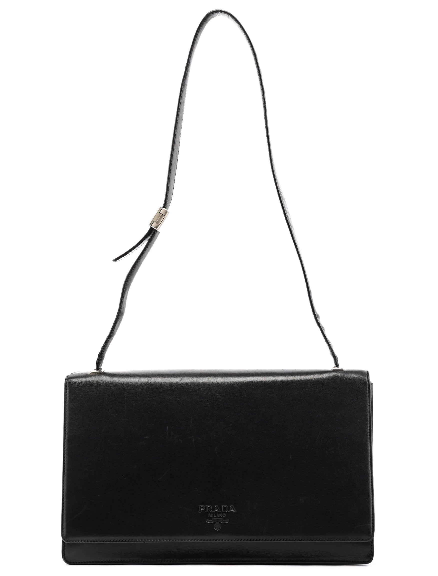 Prada Sac porté épaule à rabat en cuir de veau noir