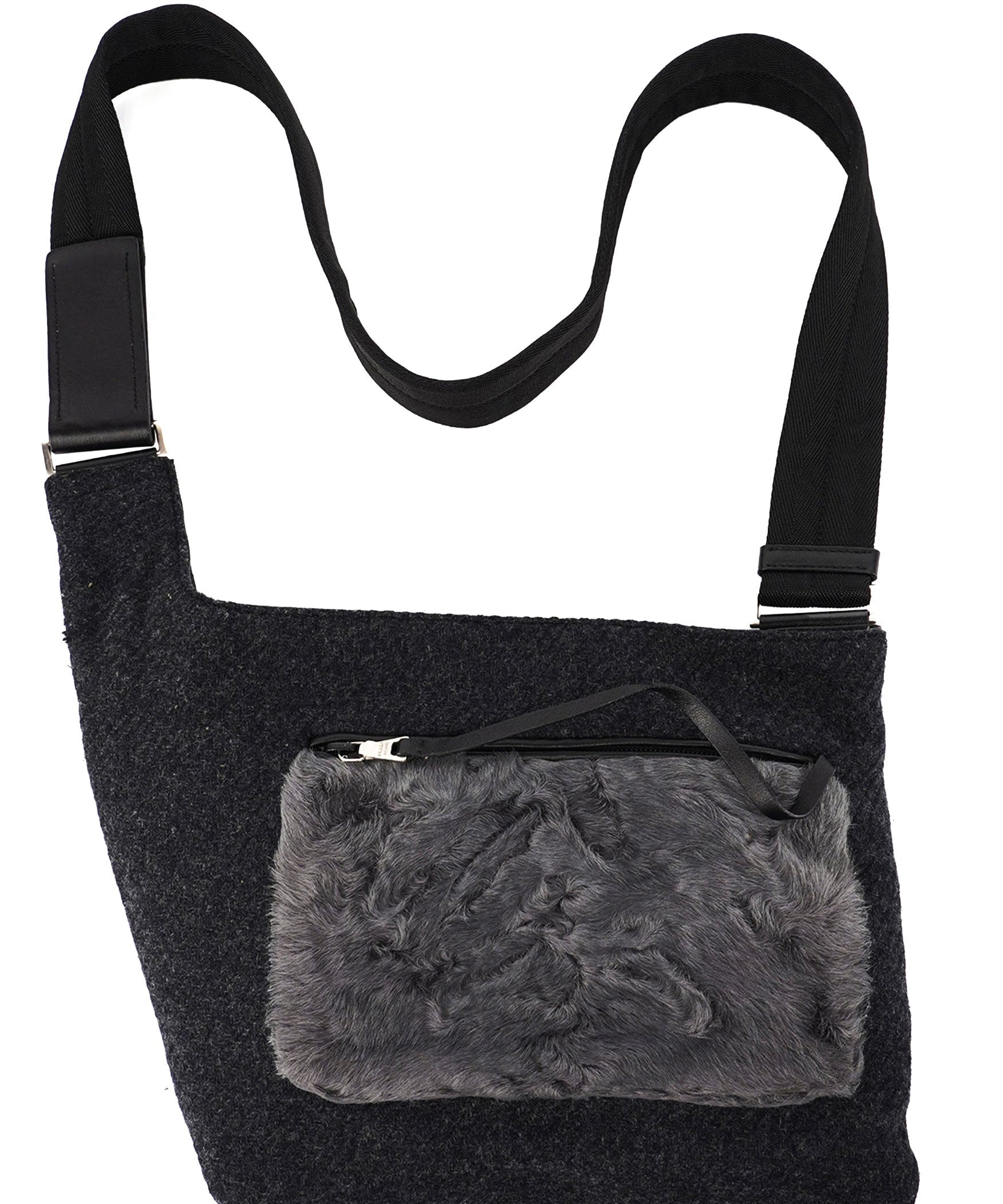 Prada Borsa a tracolla in lana e pelliccia nera