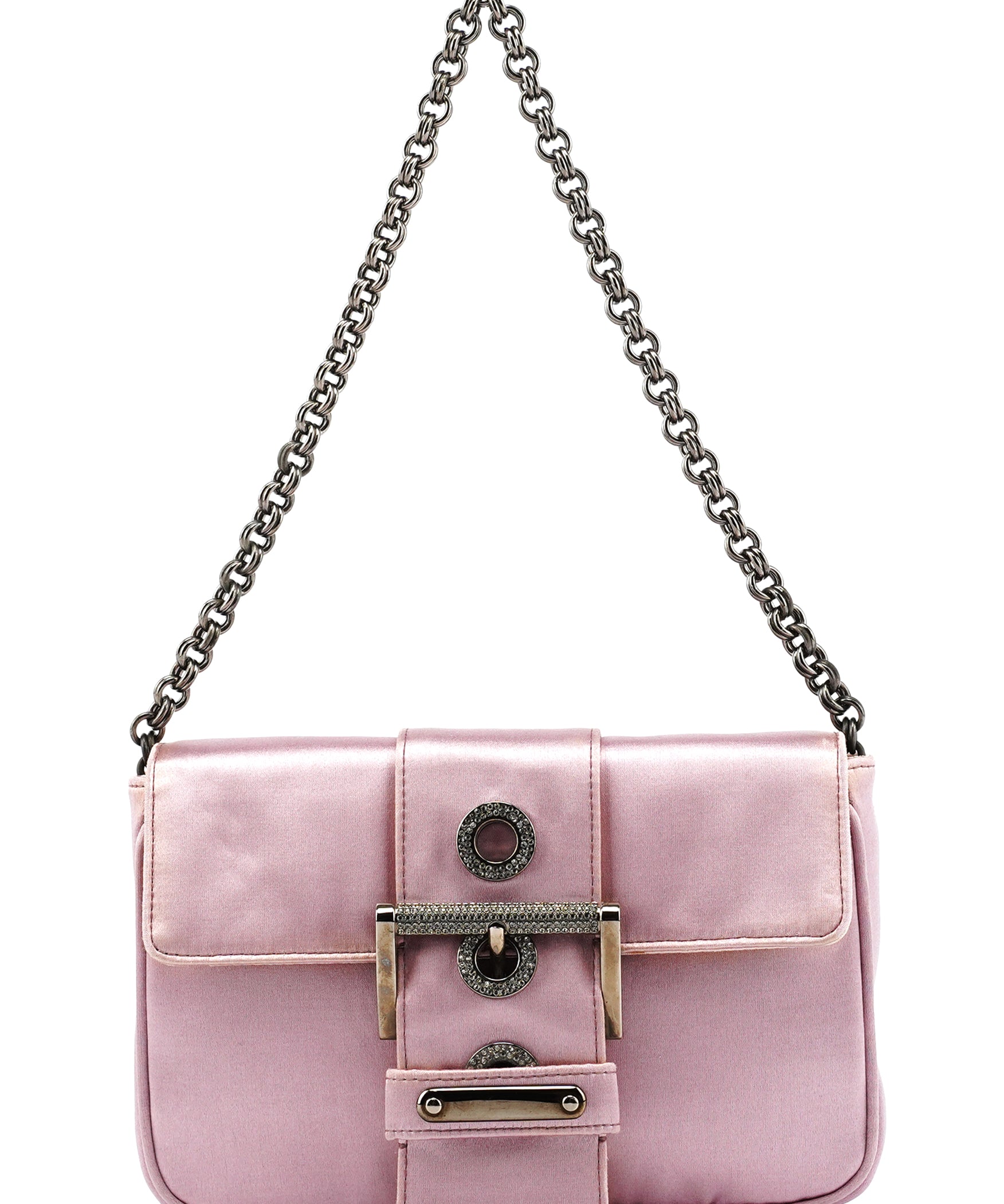 Prada BR2765 Pink Satin Crystal Buckle Mini Bag