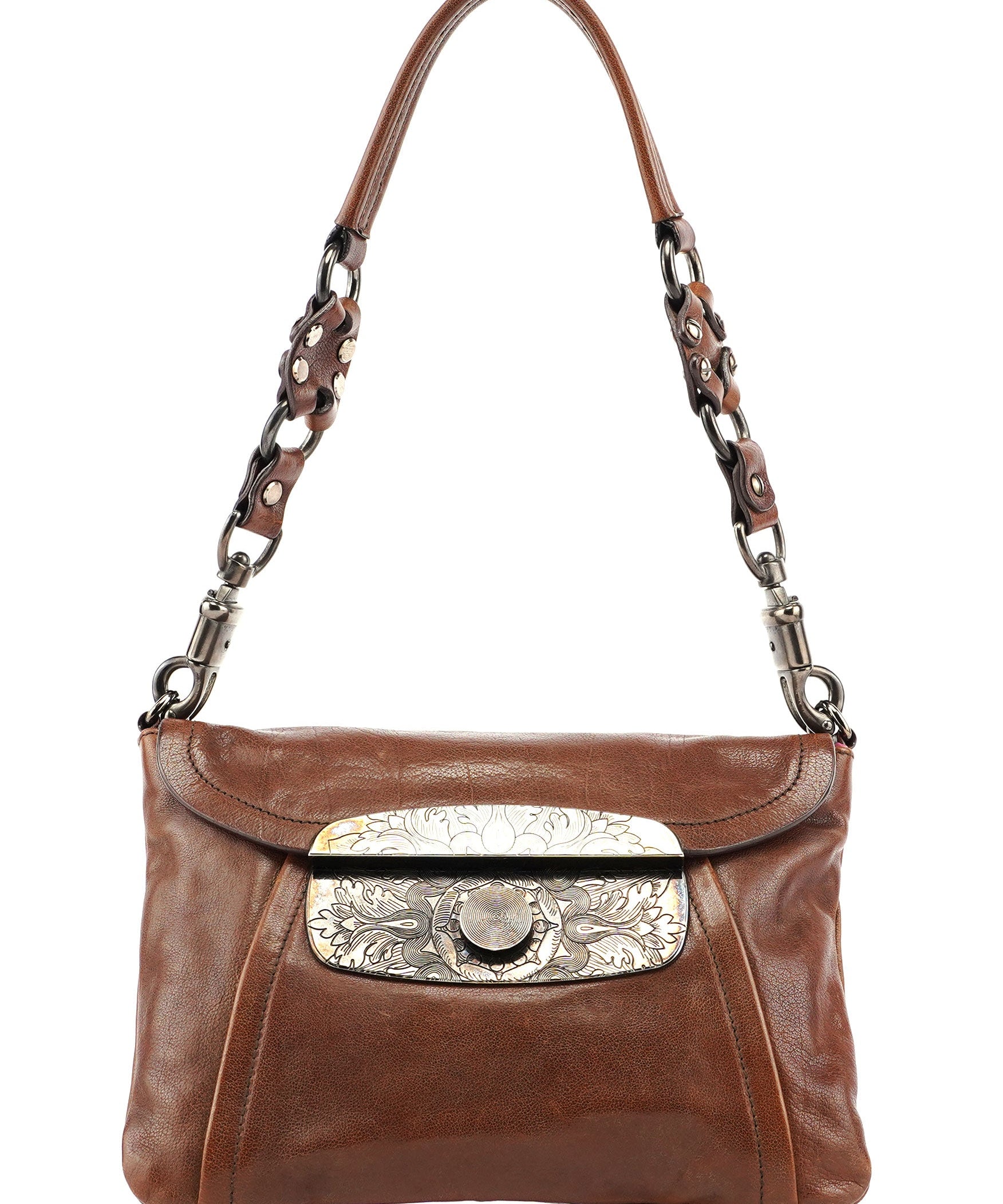 Prada Brown Calf Shine Hobo Shoulder Bag