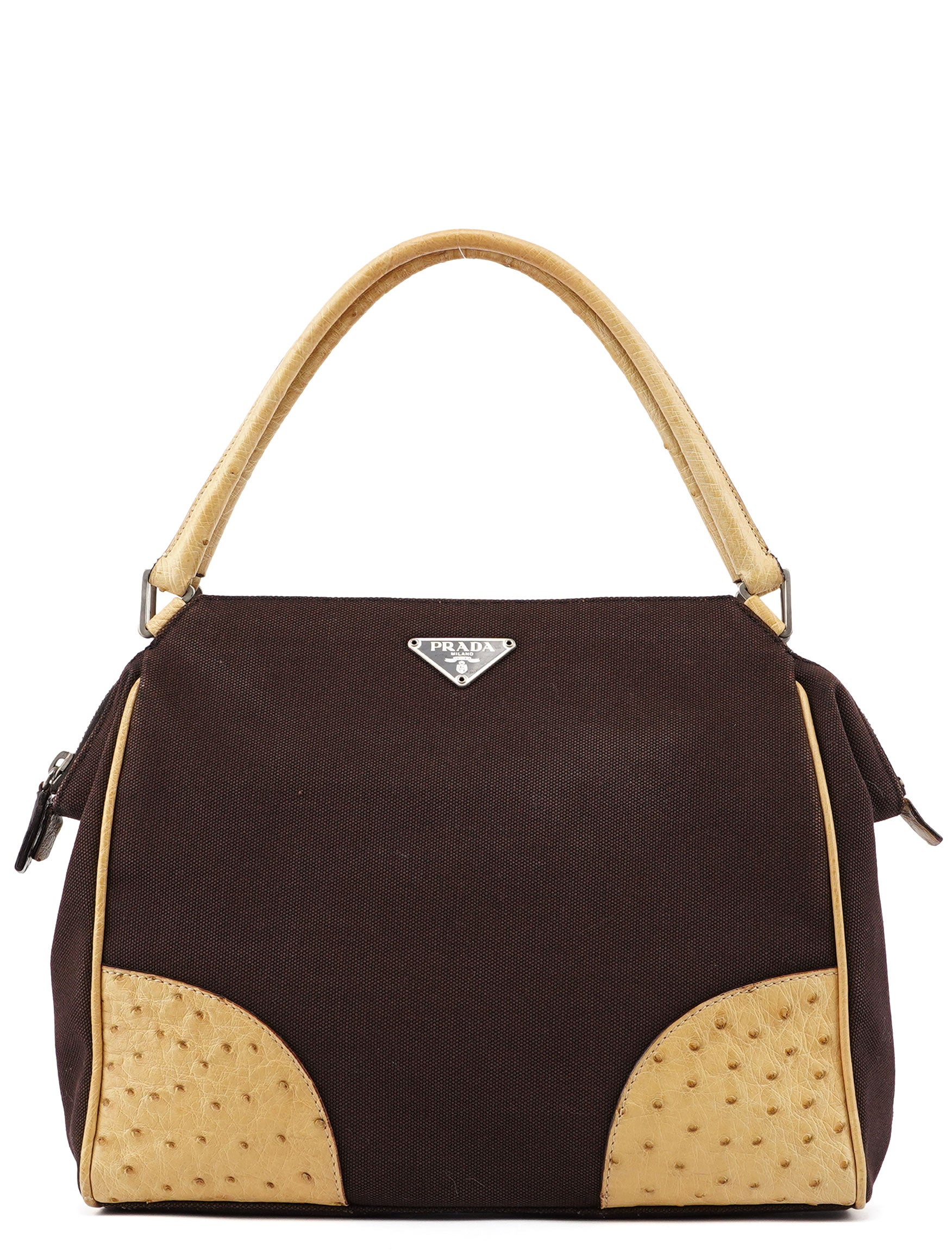 Prada Brown Canvas Ostrich Chic Bag