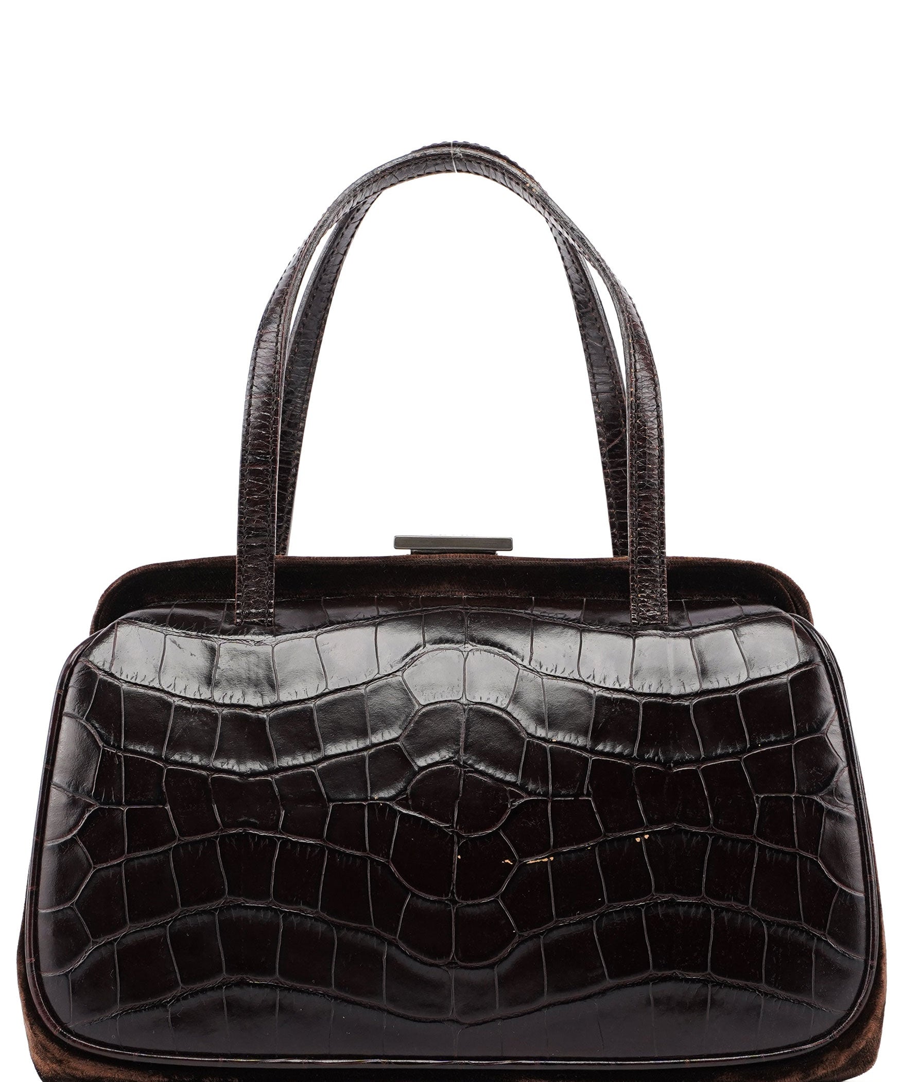 Prada Brown Croc Embossed Clutch Top Handle Bag