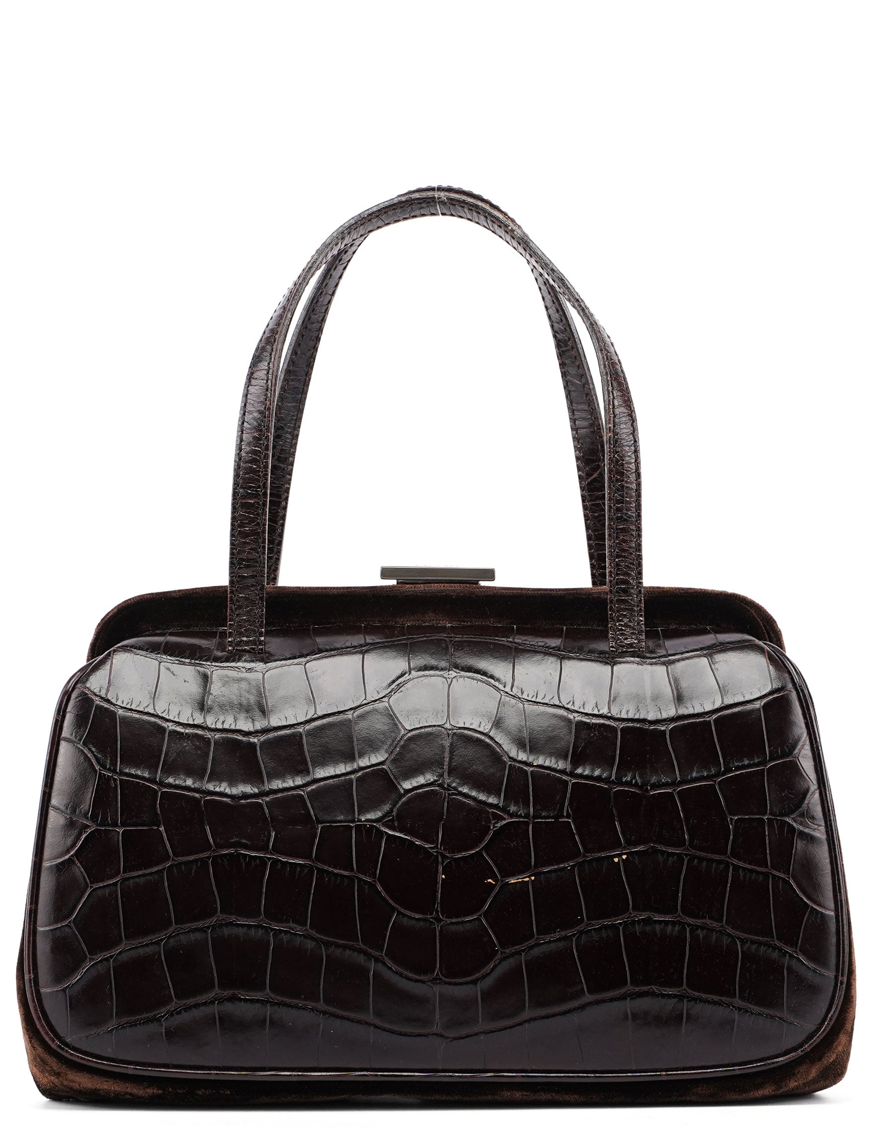 Prada Brown Croc Embossed Clutch Top Handle Bag