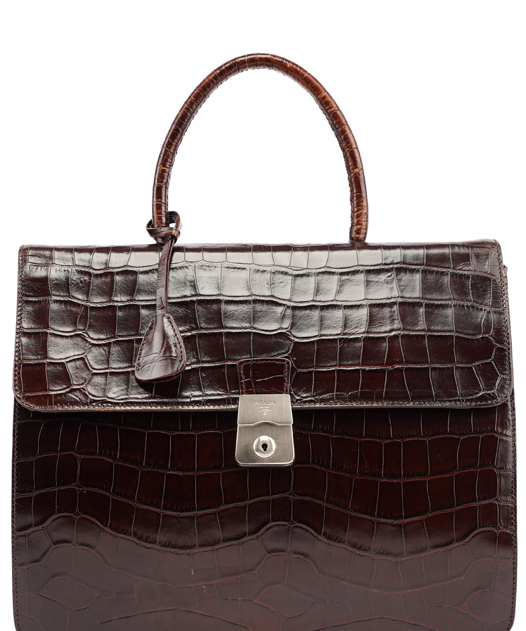 Prada Brown Croc Embossed Leather Keylock Bag