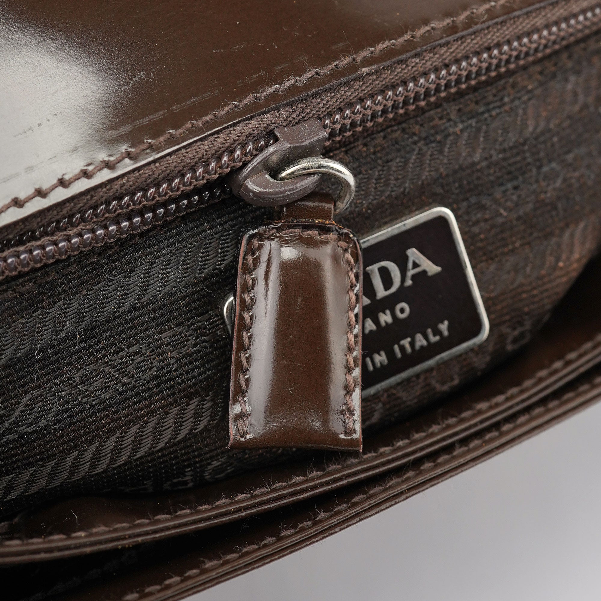 Prada Brown Patent Leather Embossed Chain Shoulder Bag