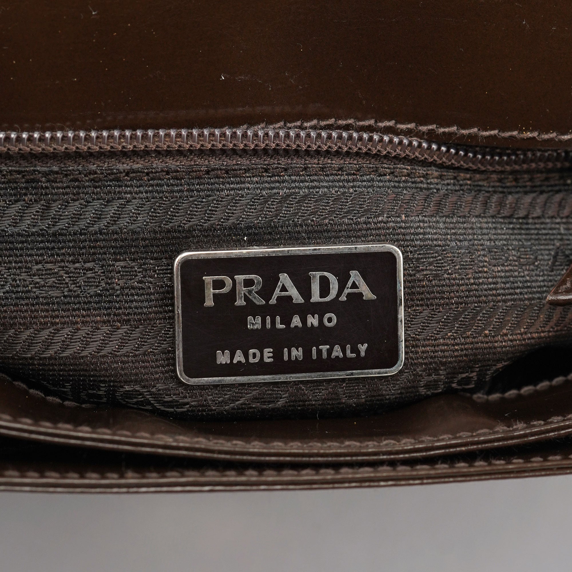Prada Brown Patent Leather Embossed Chain Shoulder Bag