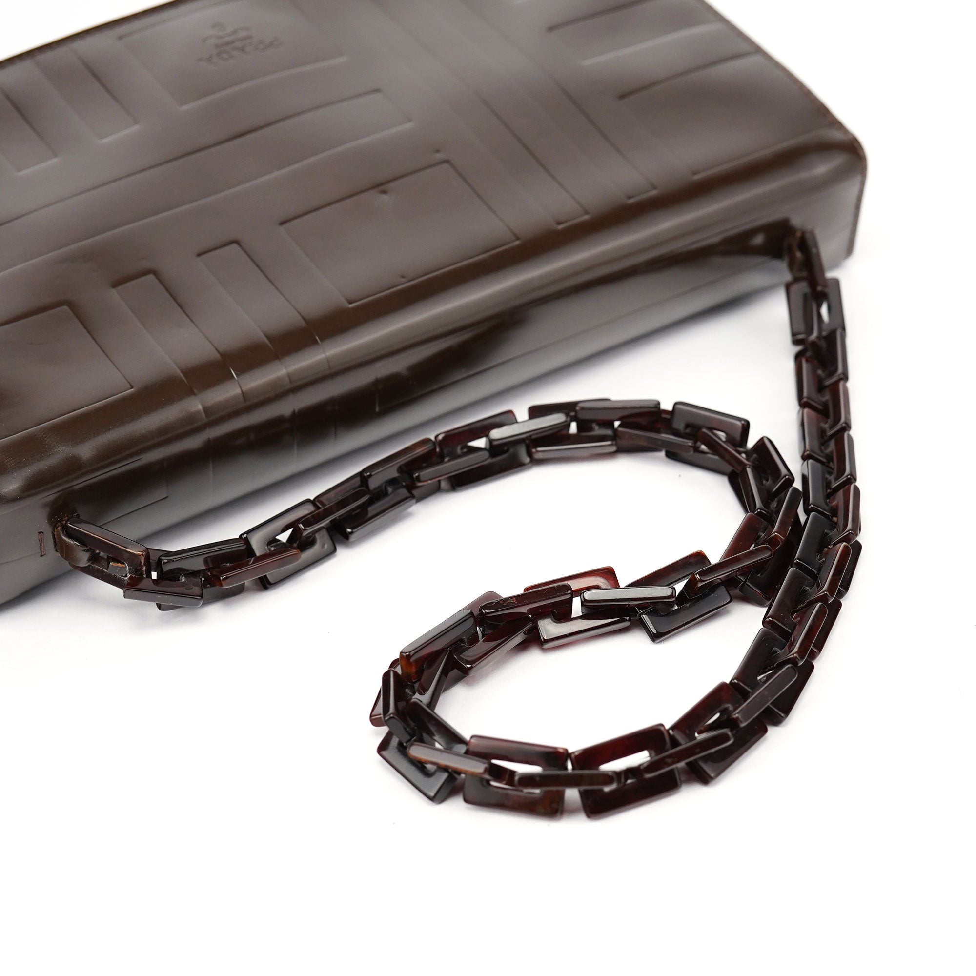 Prada Brown Patent Leather Embossed Chain Shoulder Bag