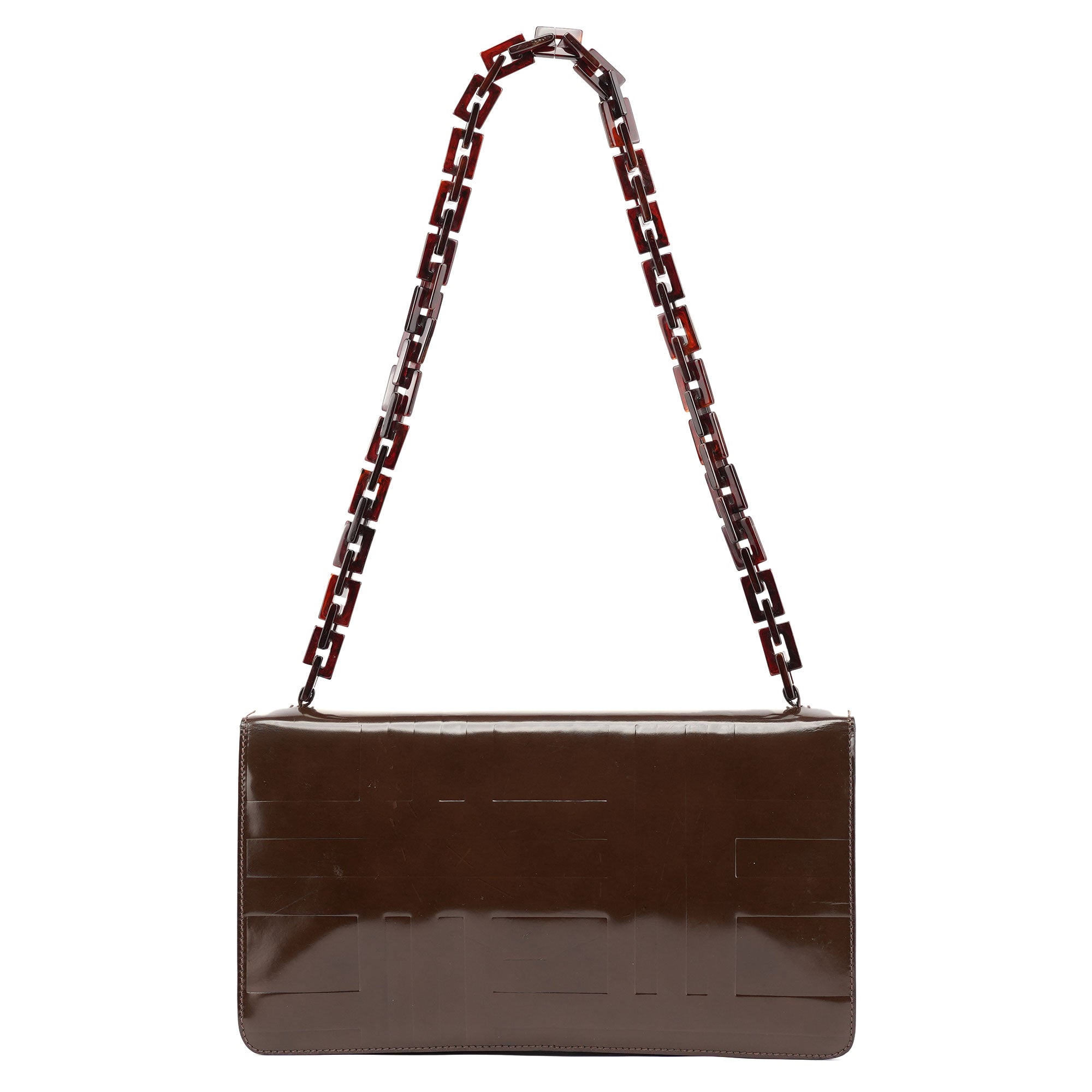 Prada Brown Patent Leather Embossed Chain Shoulder Bag