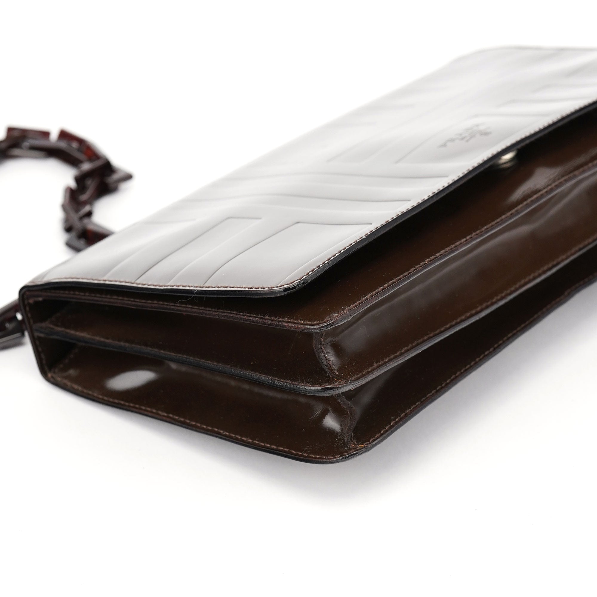Prada Brown Patent Leather Embossed Chain Shoulder Bag