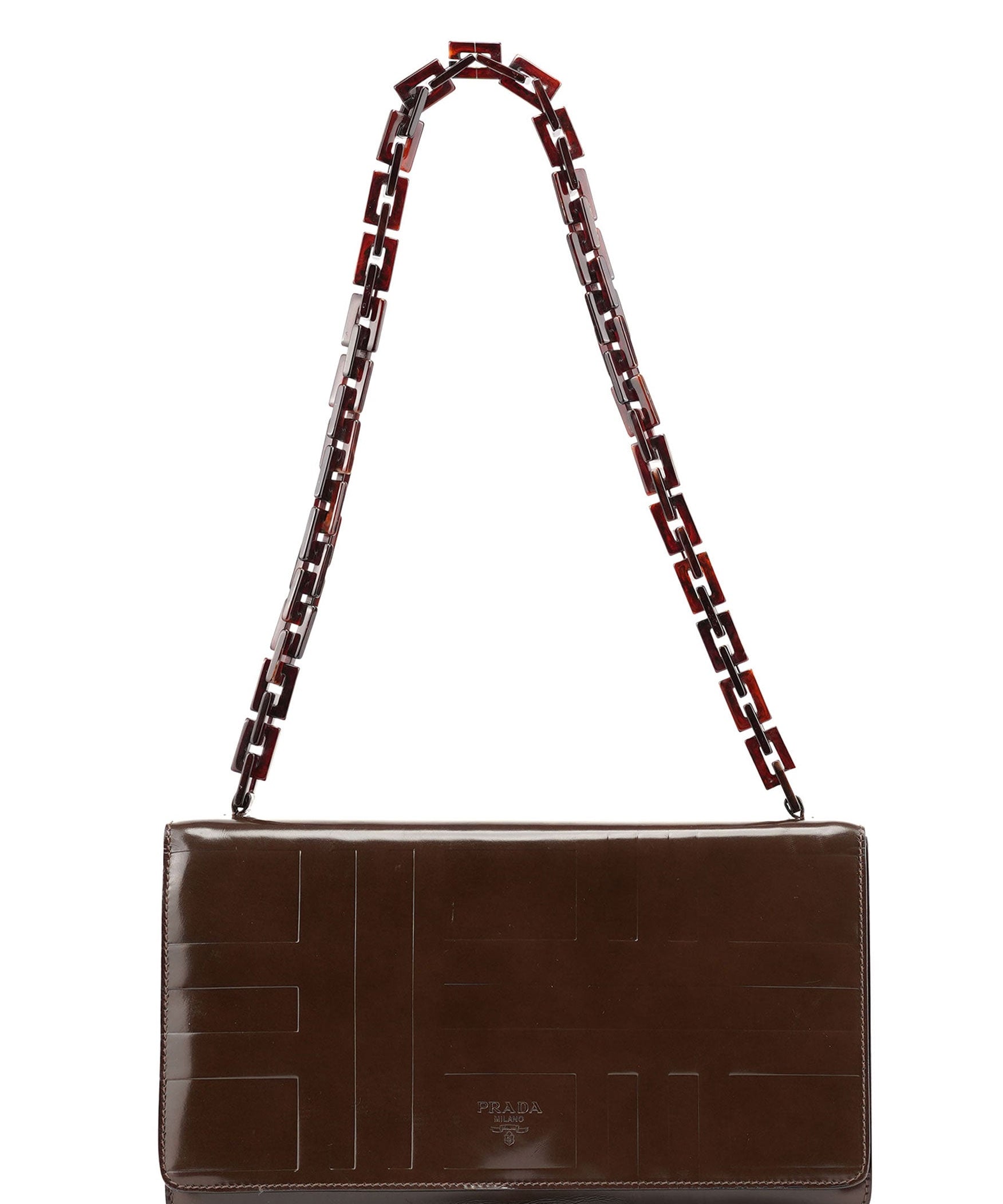 Prada Brown Patent Leather Embossed Chain Shoulder Bag