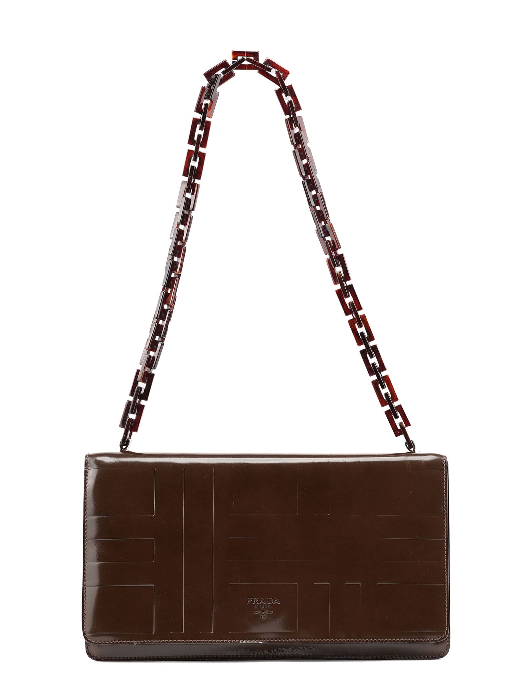 Prada Brown Patent Leather Embossed Chain Shoulder Bag