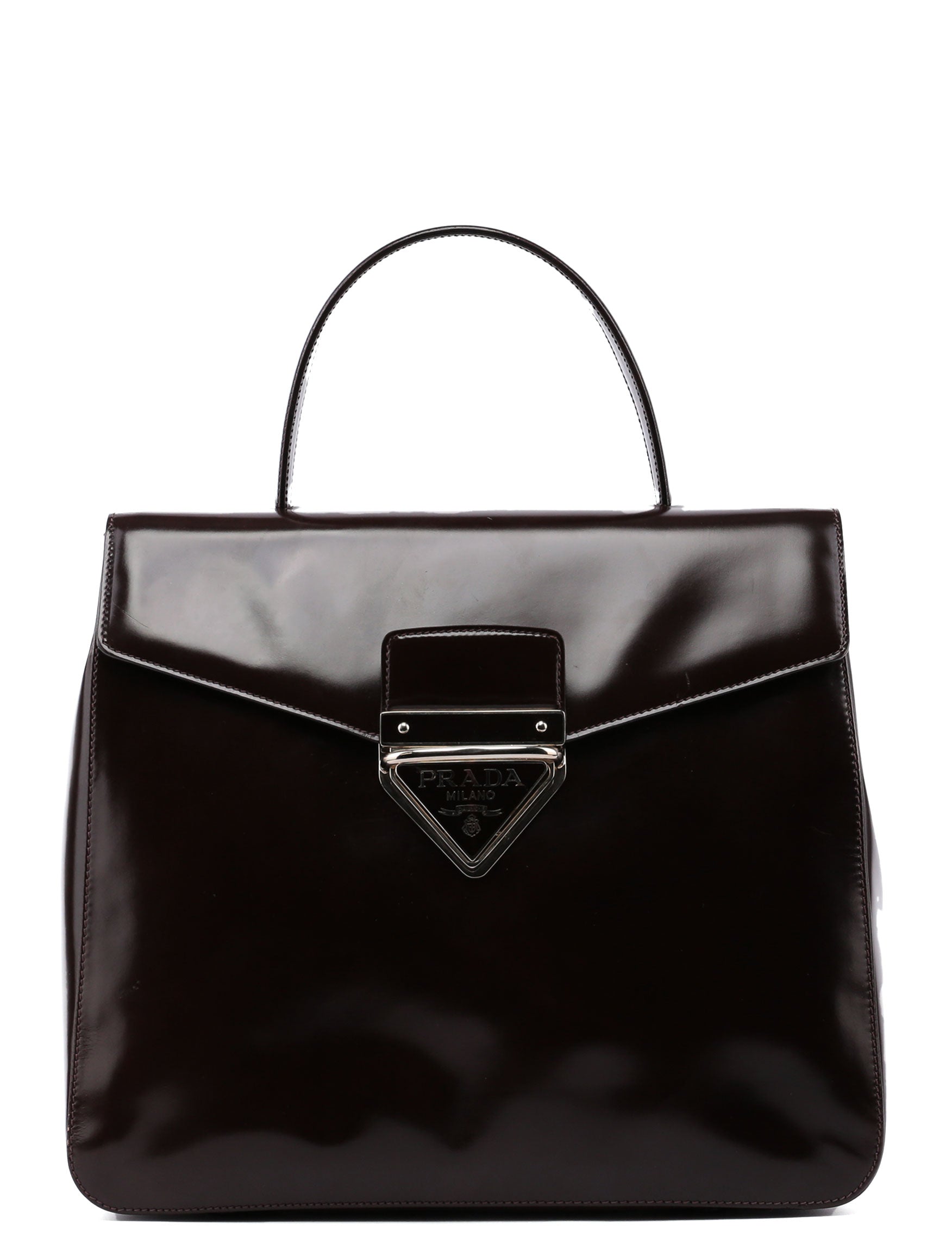 Prada Sac à poignée Spazzolato logo en cuir verni marron