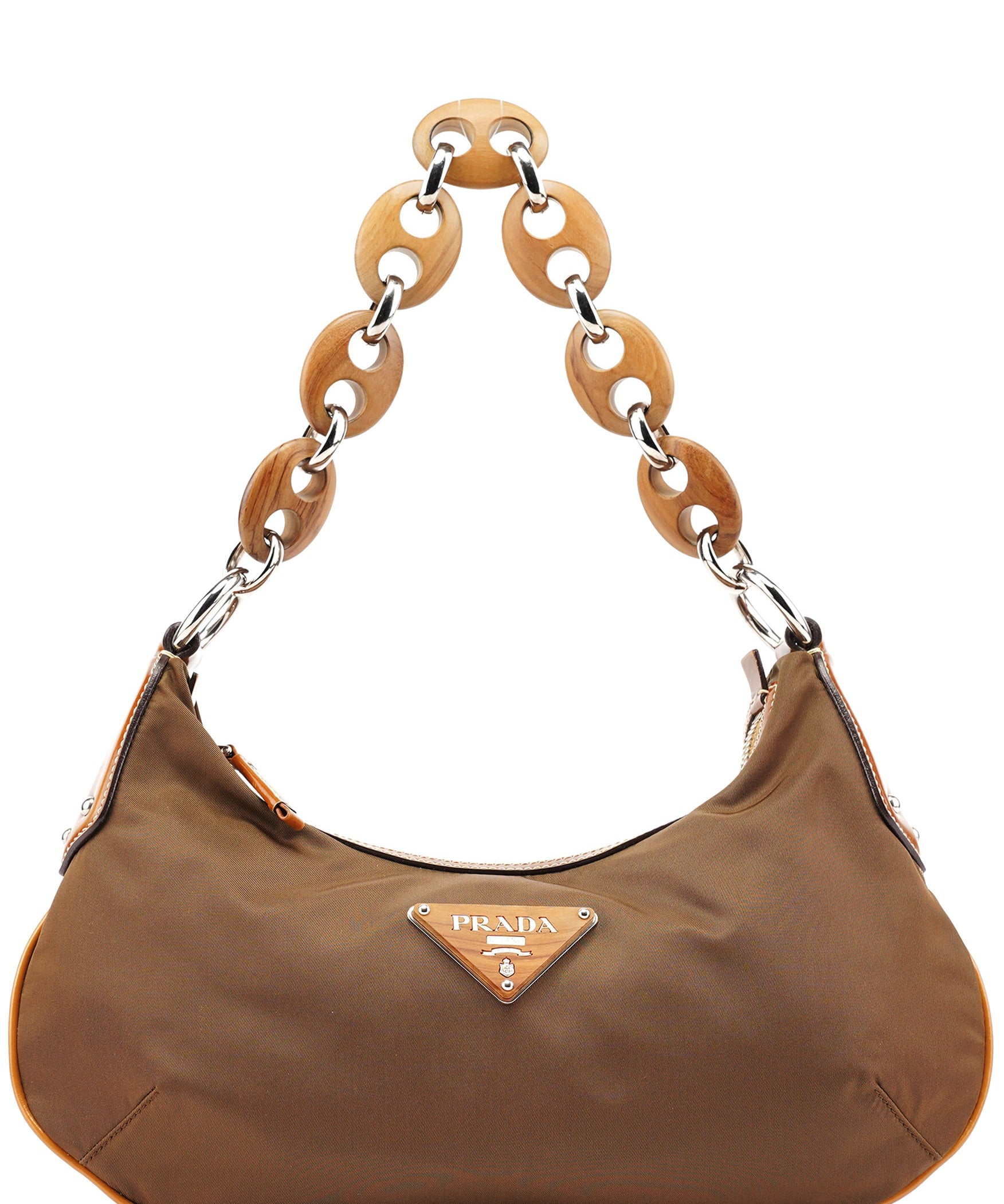 Prada Brown Tessuto Nylon Wood Link Shoulder Bag