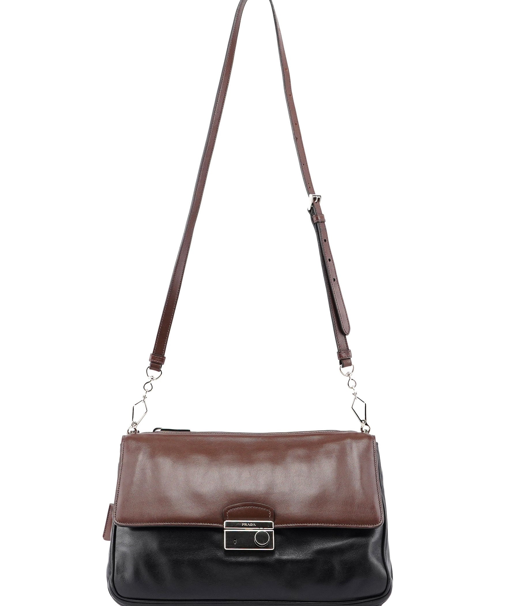 Prada BT0942 Brown Black Calfskin Leather Crossbody Bag