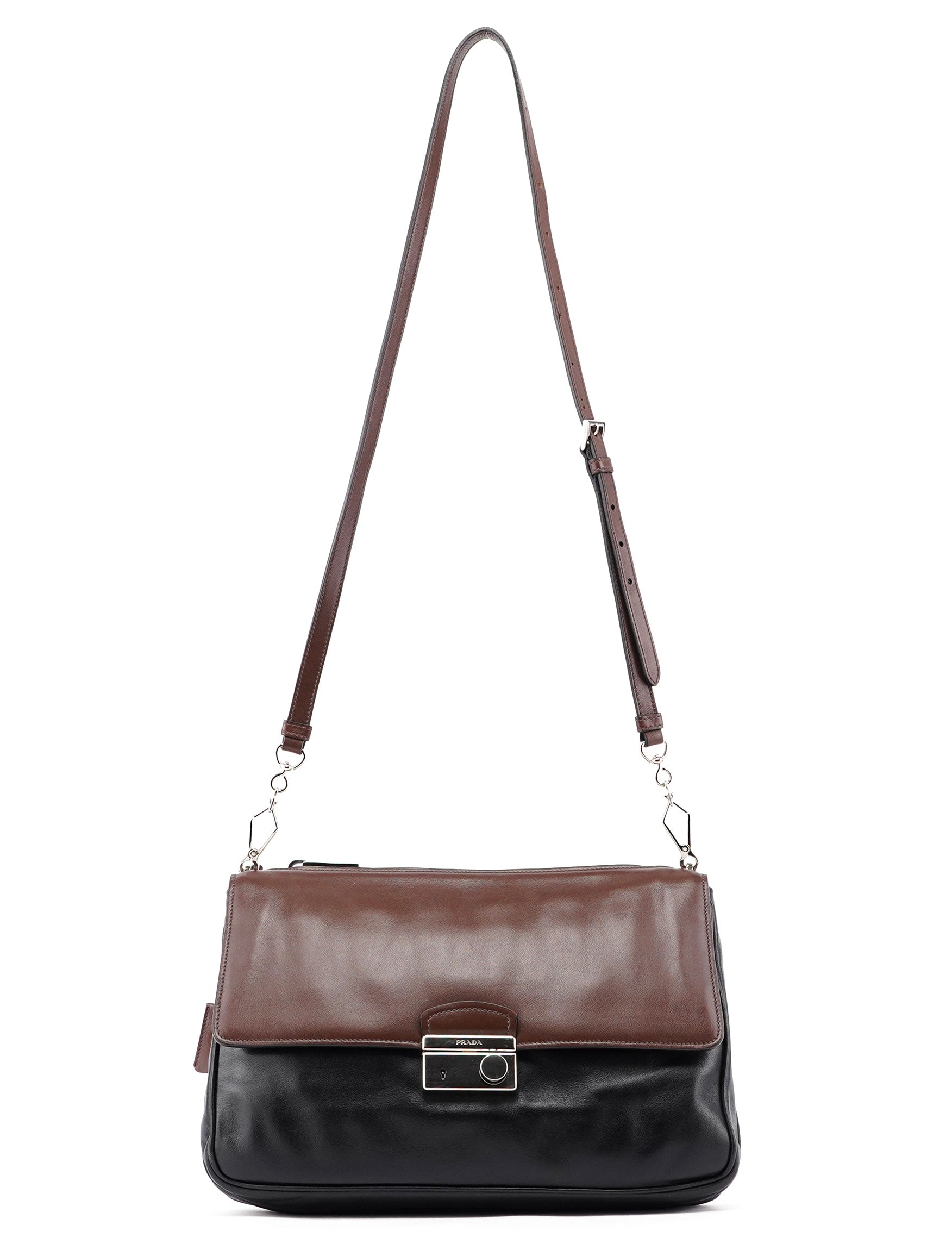 Prada BT0942 Brown Black Calfskin Leather Crossbody Bag