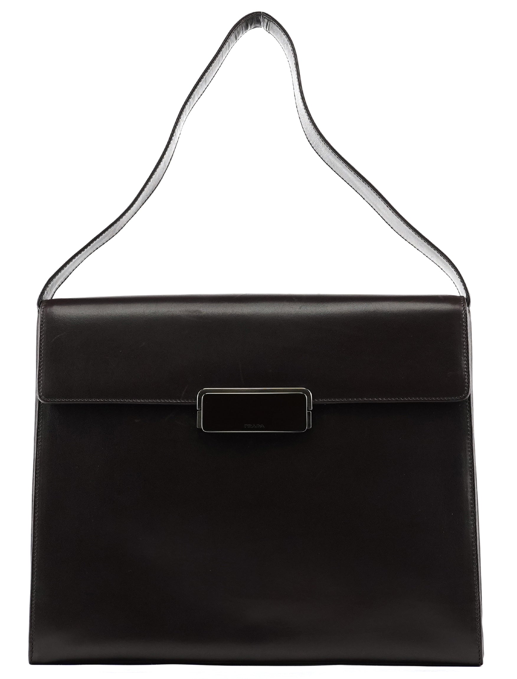Prada Sac porté épaule Vitello Buckle en cuir de veau marron foncé