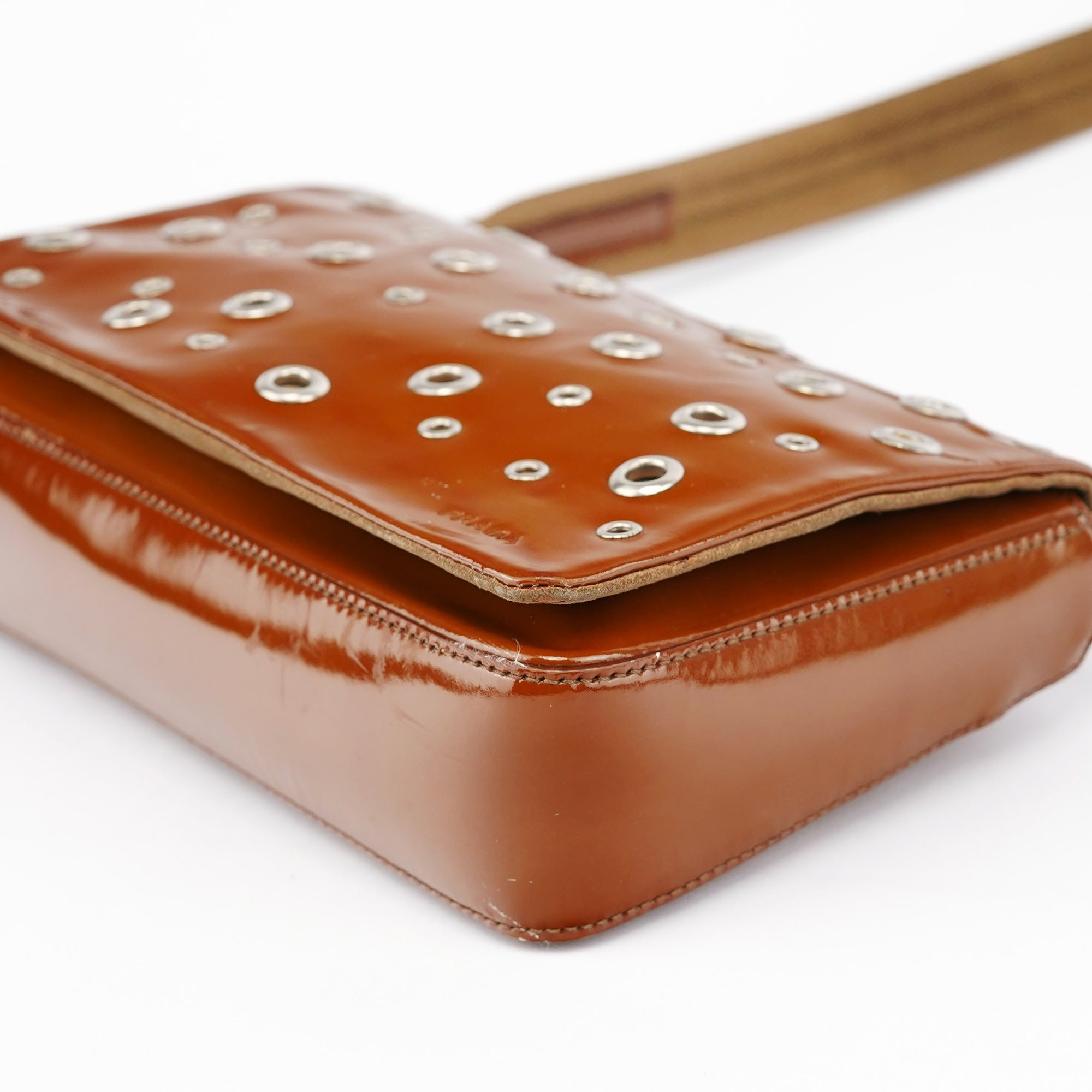 Prada Fall 1999 Brown Patent Leather Eyelet Shoulder Bag