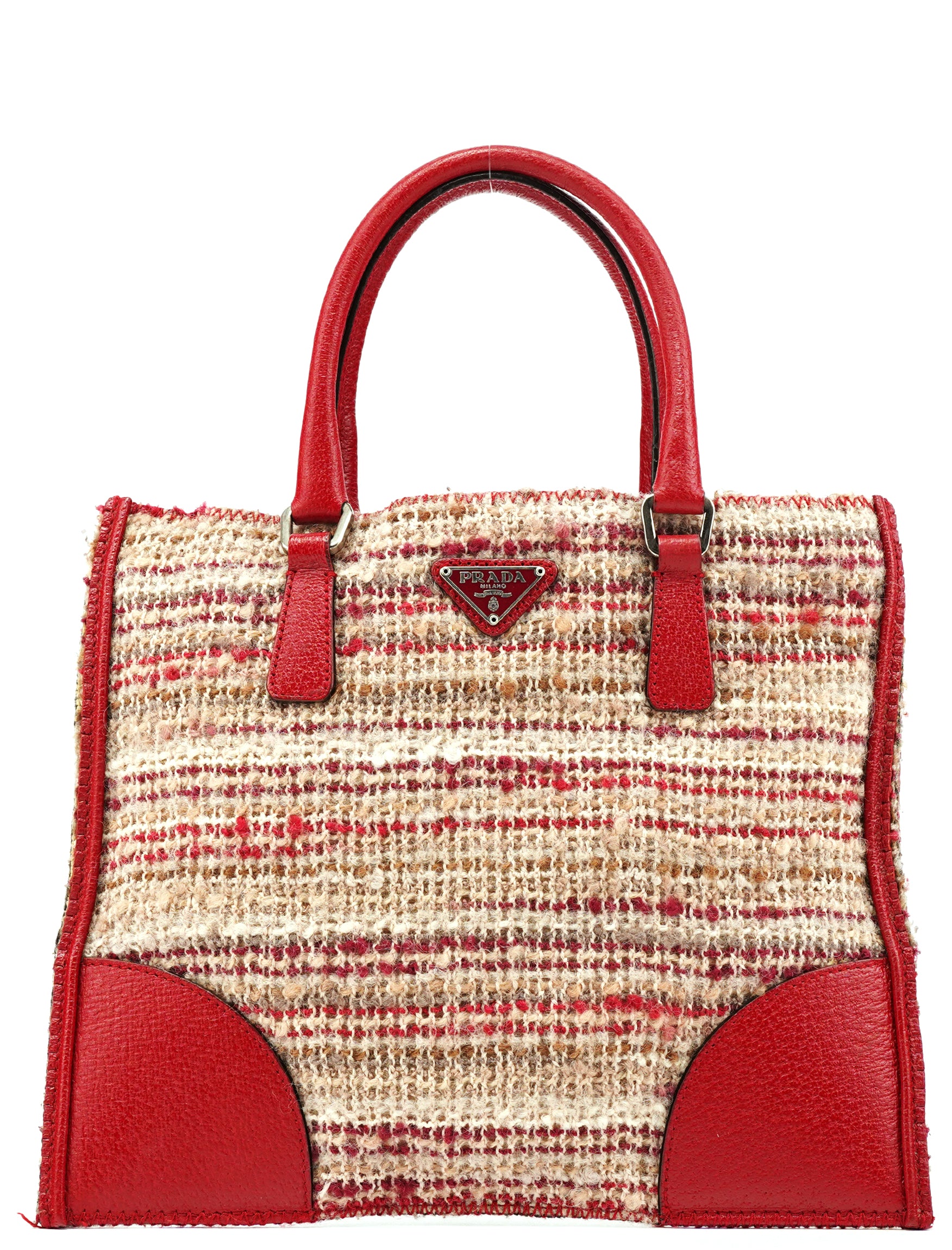 Prada Fall 2000 Red Beige English Wool Tweed Tote Bag