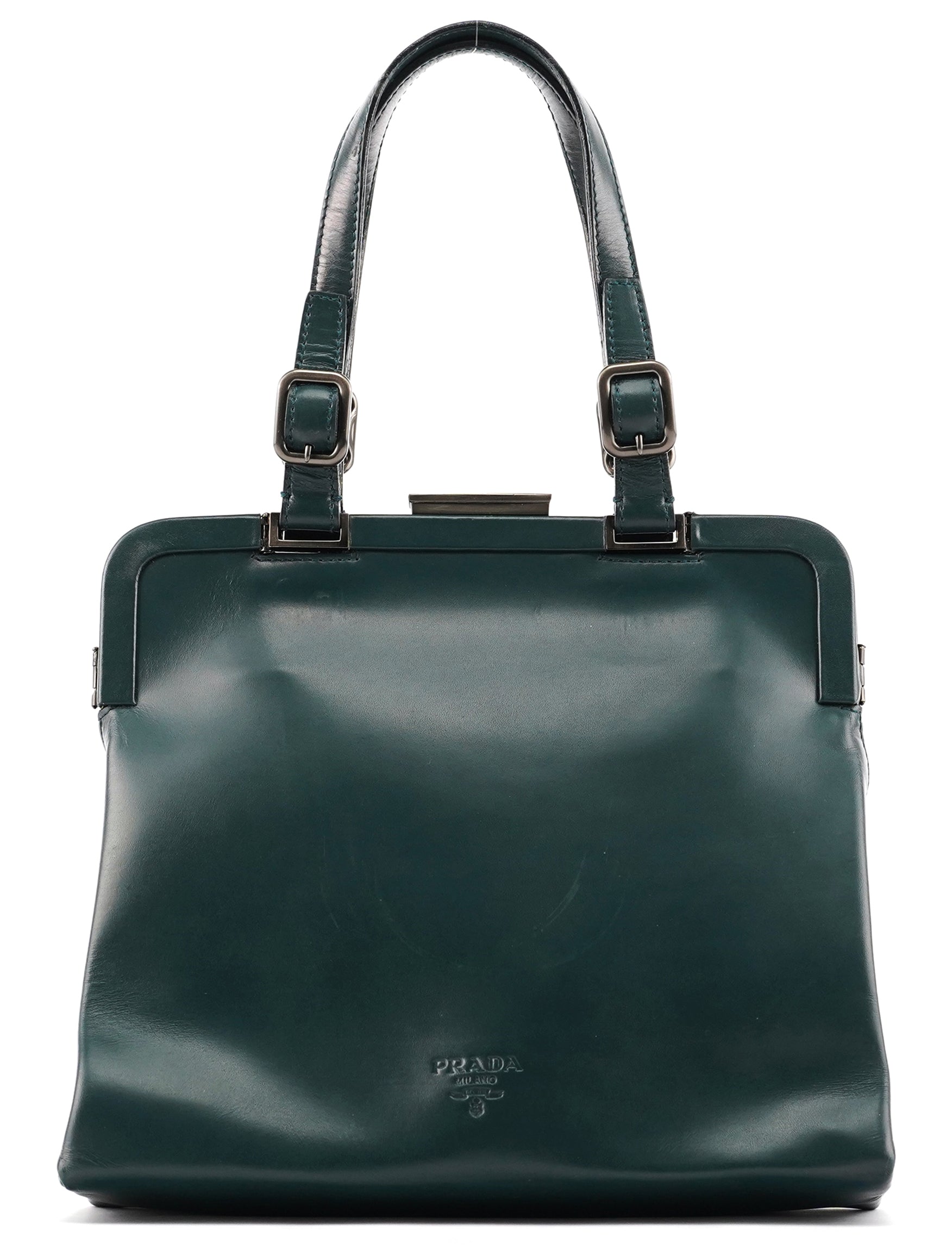 Prada Green Leather Clutch Tote Bag