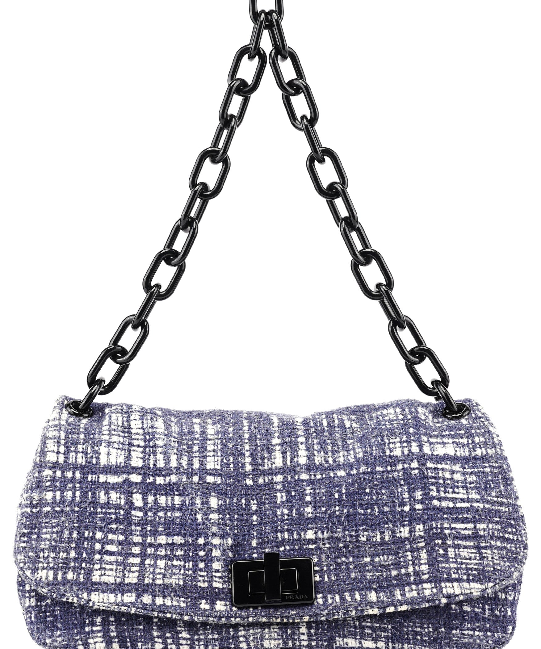 Prada Navy Tweed Plastic Chain Shoulder Bag