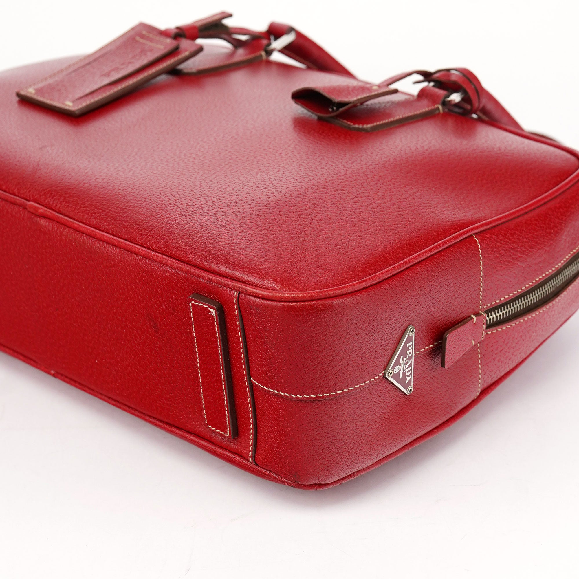 Prada Red Leather Bowling Tote Bag