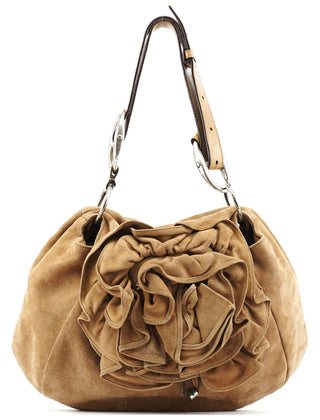 Yves Saint Laurent 112878 213317 Beige Suede Ruffle Shoulder Bag