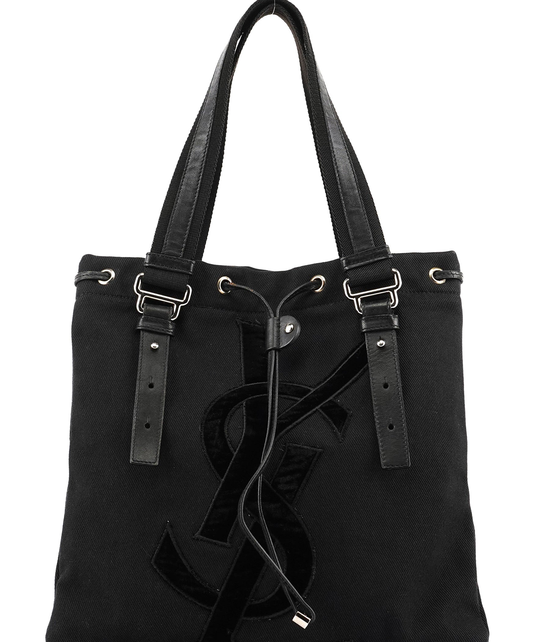 Yves Saint Laurent 123435 Shopper van zwart canvas met fluwelen YSL-logo